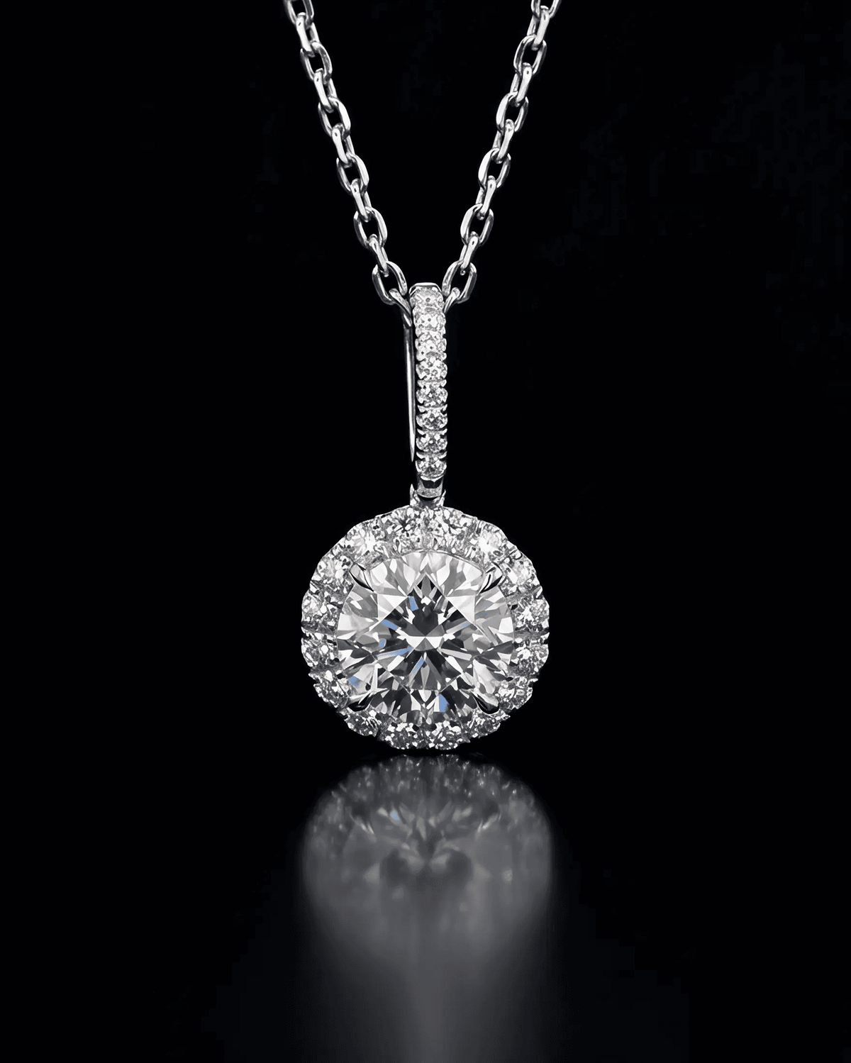 Round Diamond Necklace with Halo - Drop Pendant