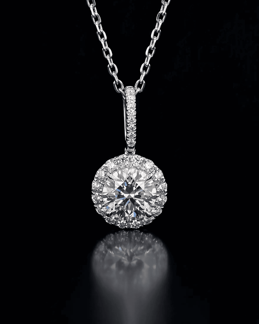 Round Diamond Necklace with Halo - Drop Pendant