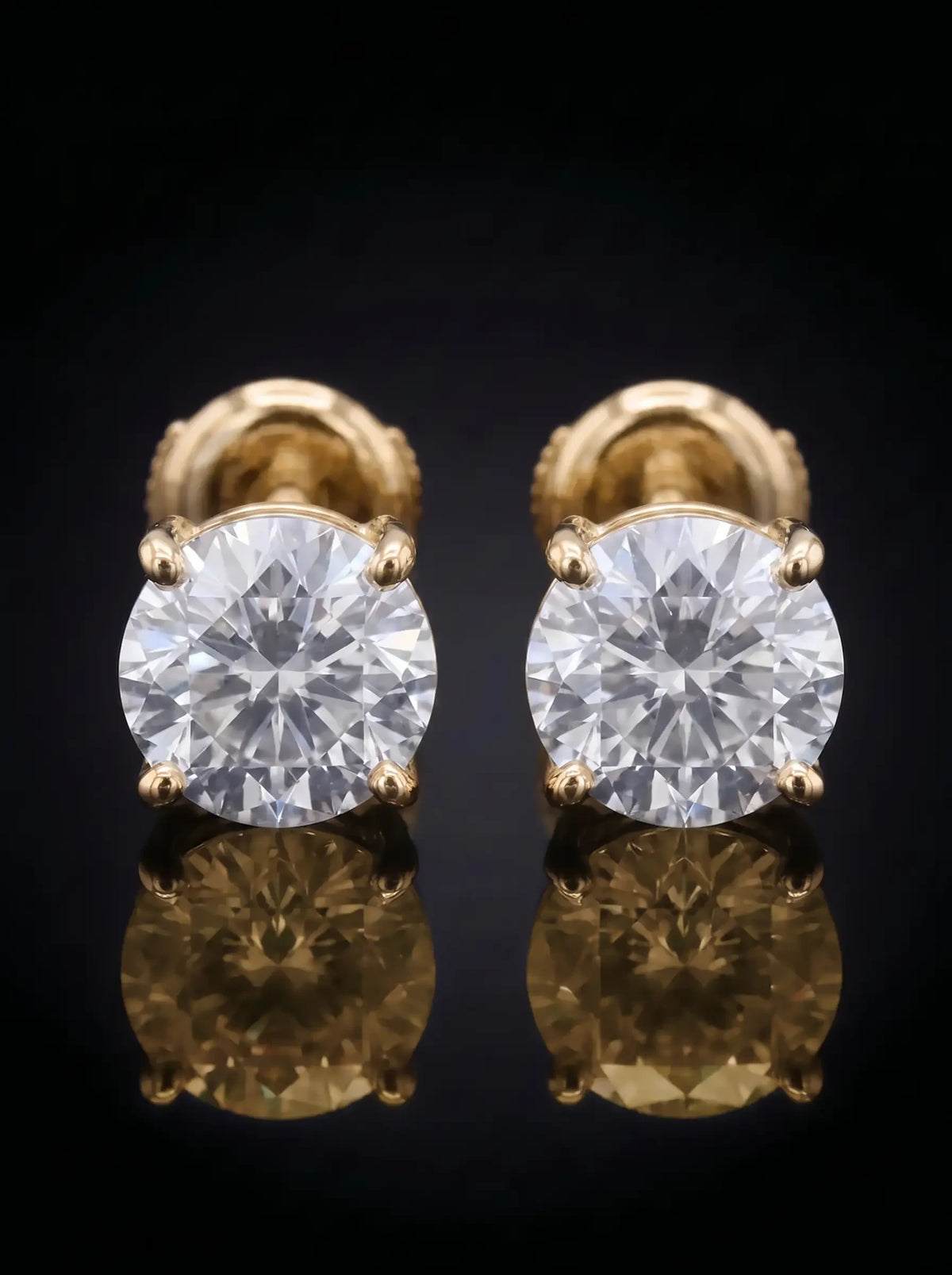 Diamond Studs - Round - One Carat, Yellow Gold