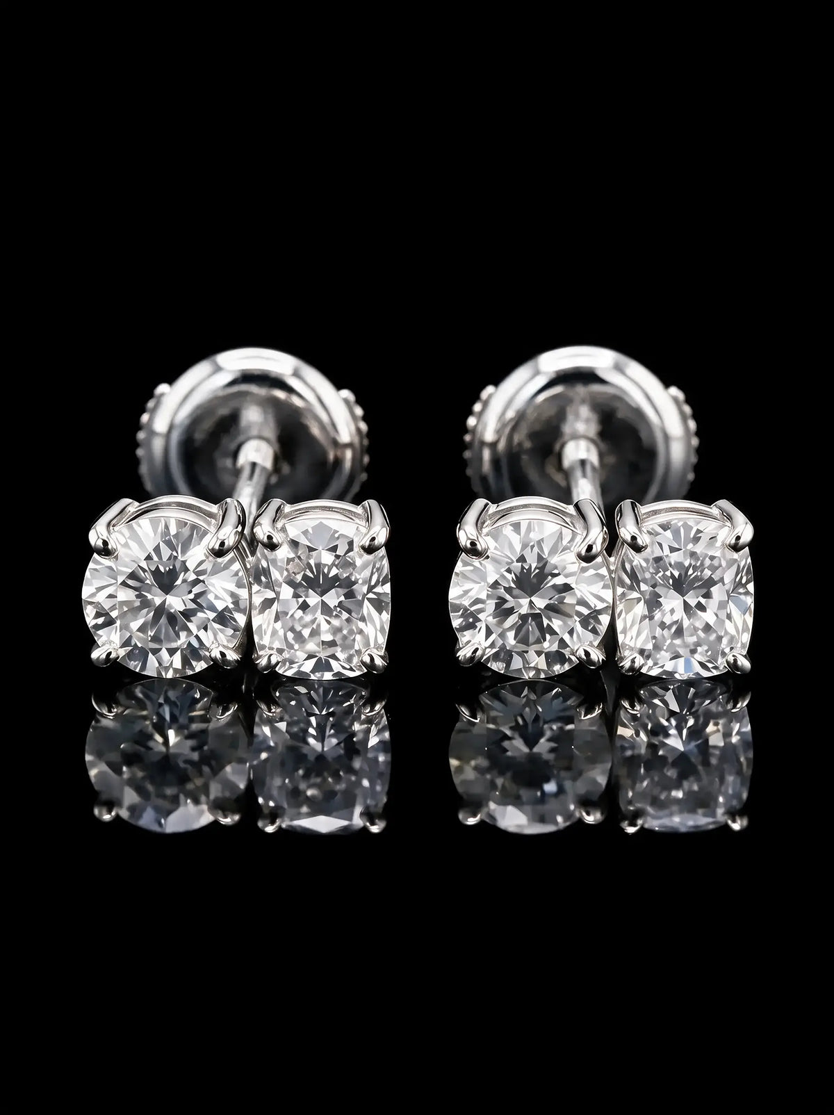 Diamond Studs - Two Diamonds - Round & Cushion, White Gold