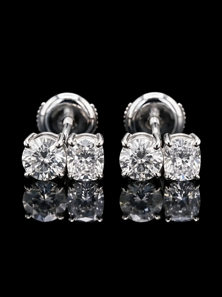 Diamond Studs - Two Diamonds - Round & Cushion, White Gold
