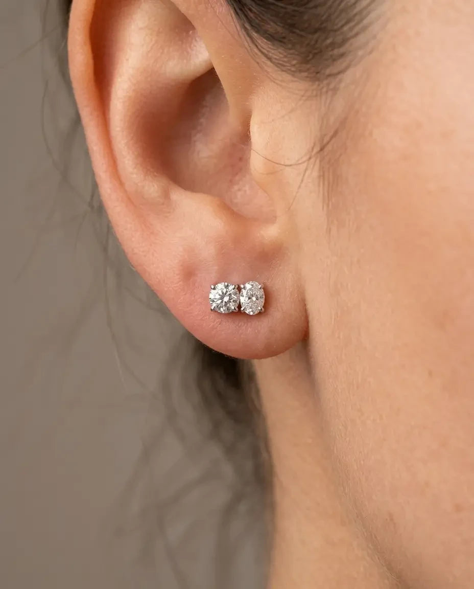 Diamond Studs - Two Diamonds - Round & Oval - 4