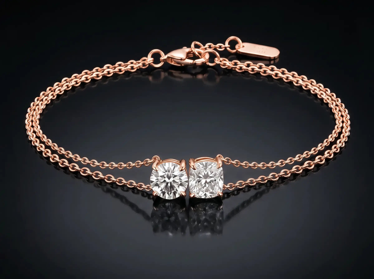 Diamond Bracelet - Two Diamonds - Round & Cushion, Rose Gold