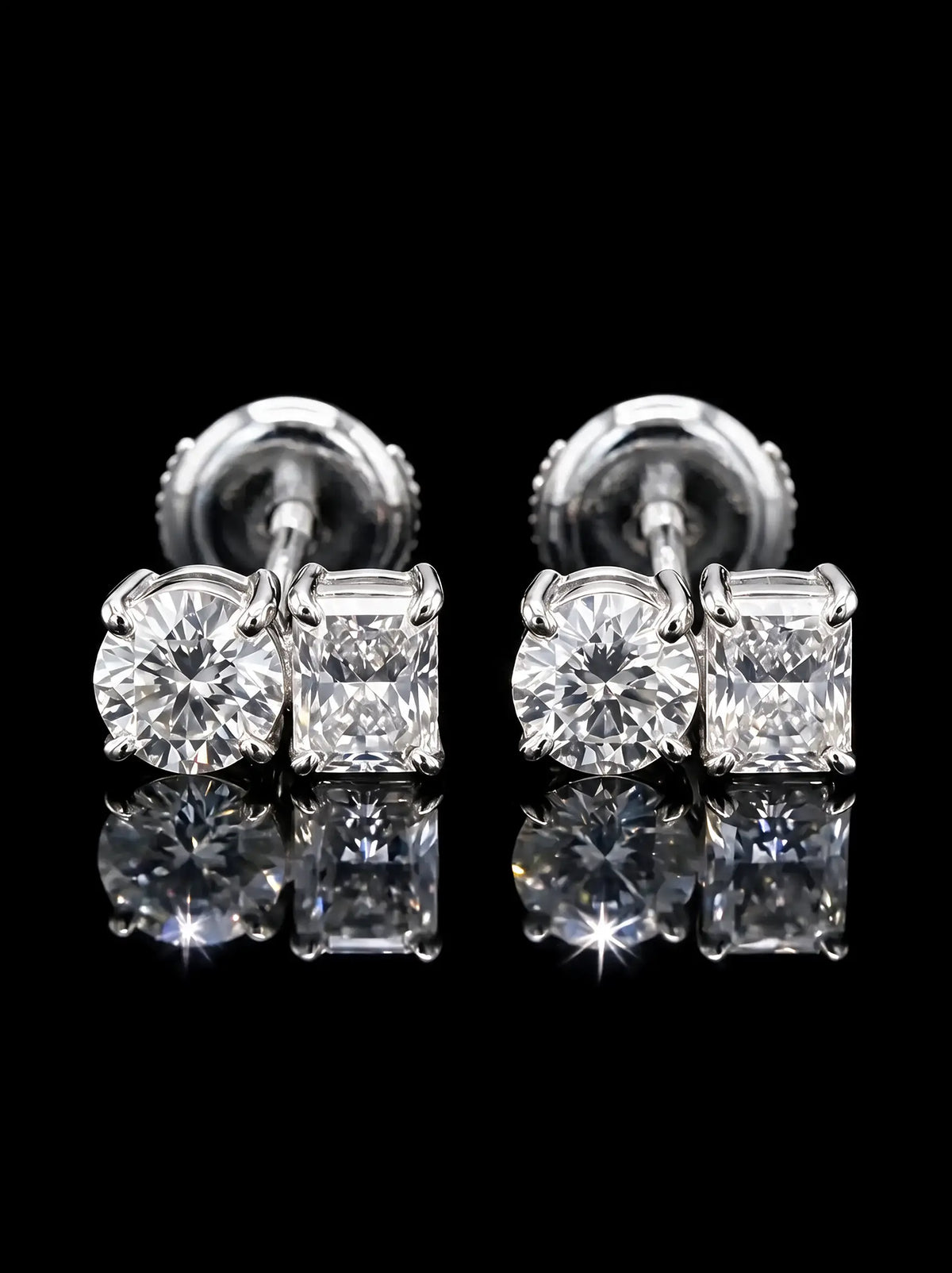 Diamond Studs - Two Diamonds - Round & Radiant, White Gold