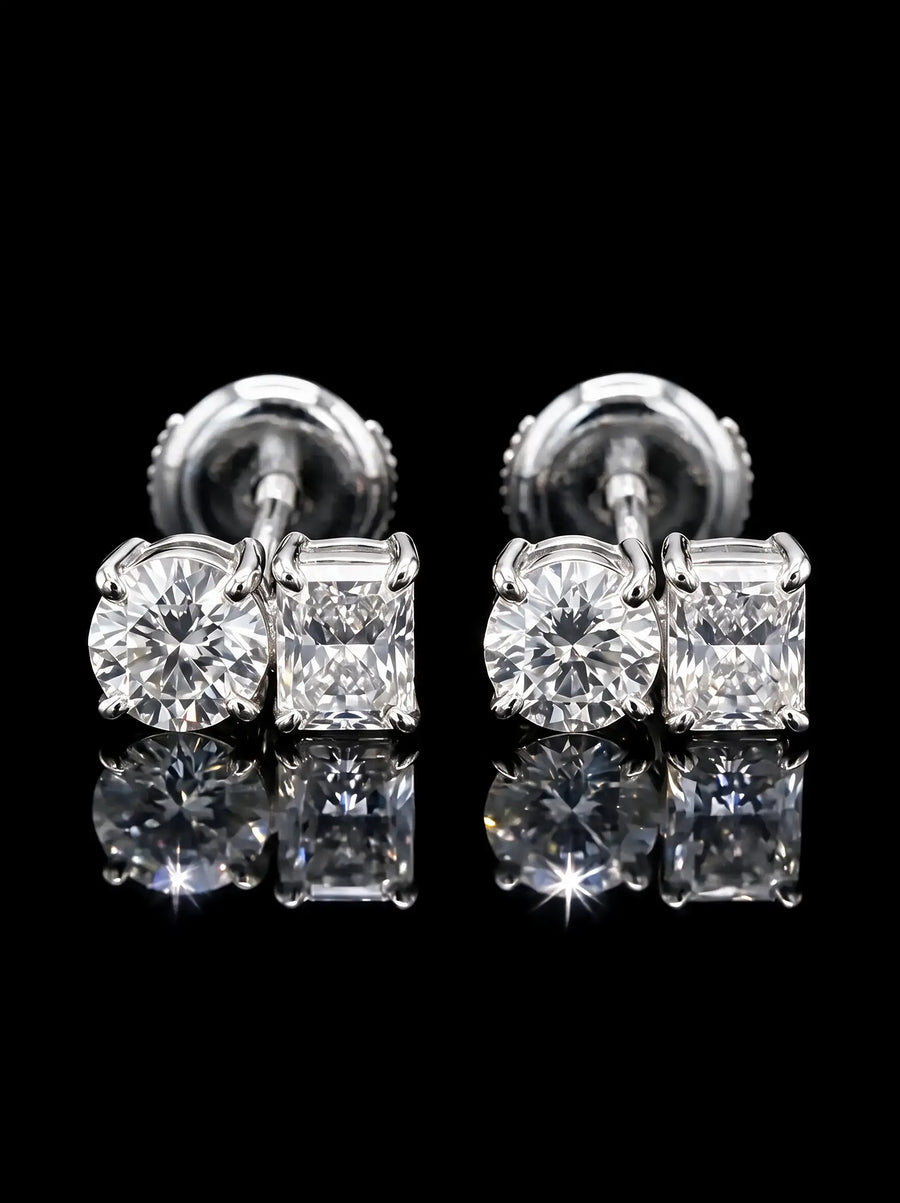 Diamond Studs - Two Diamonds - Round & Radiant, White Gold