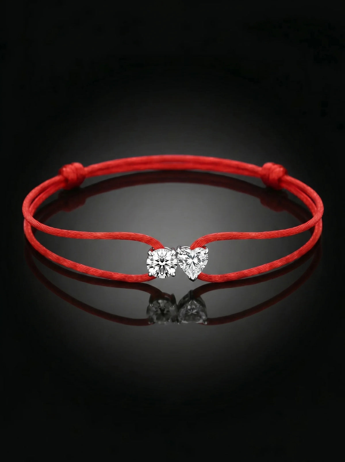 Diamond Satin Bracelet - Two Diamonds - Round & Heart, Red