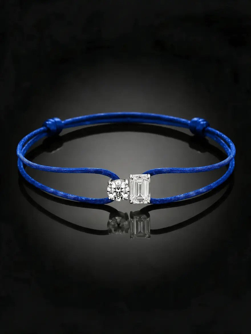 Diamond Satin Bracelet - Two Diamonds - Round & Emerald, Dark Blue