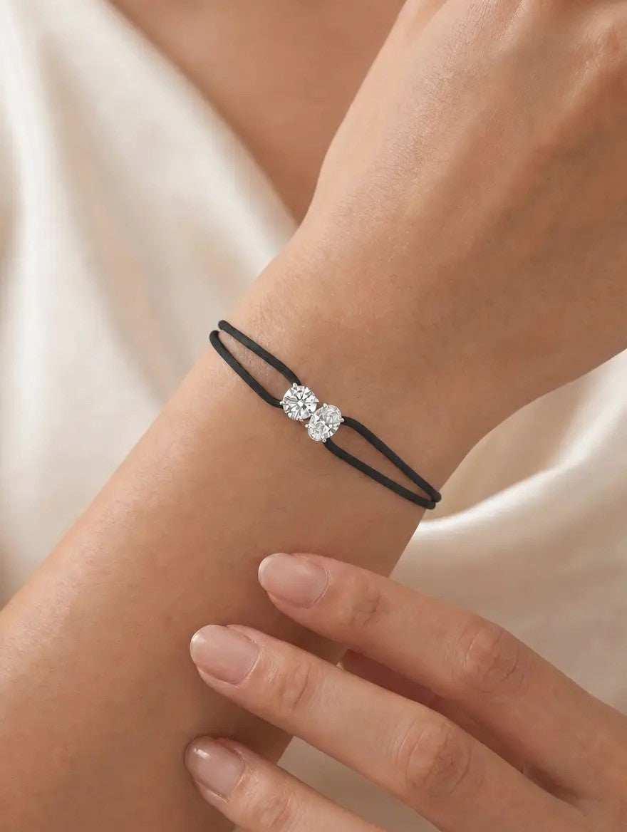 Diamond Satin Bracelet - Two Diamonds - Round & Oval, Black