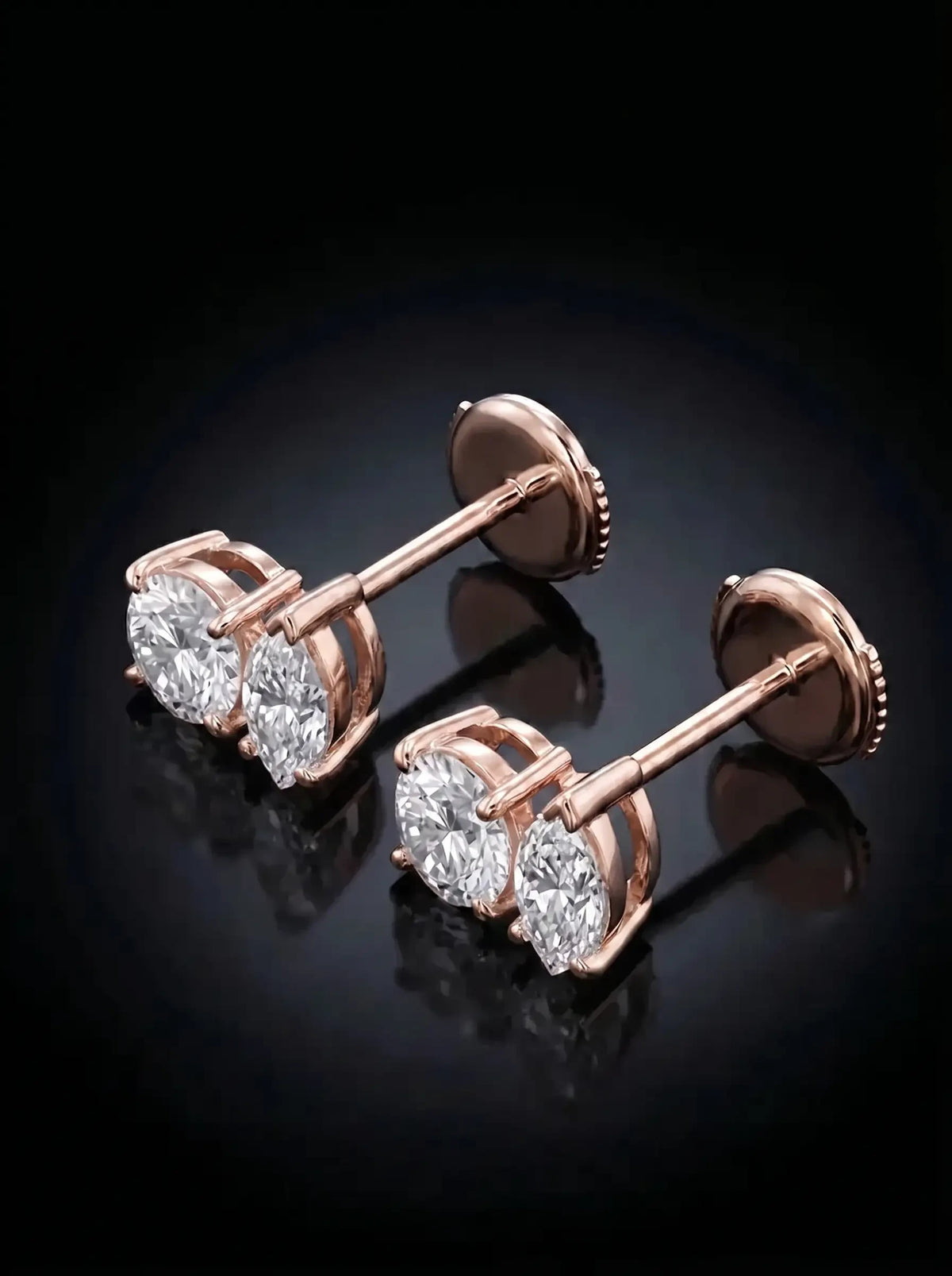 Diamond Studs - Two Diamonds - Round & Marquise, Rose Gold