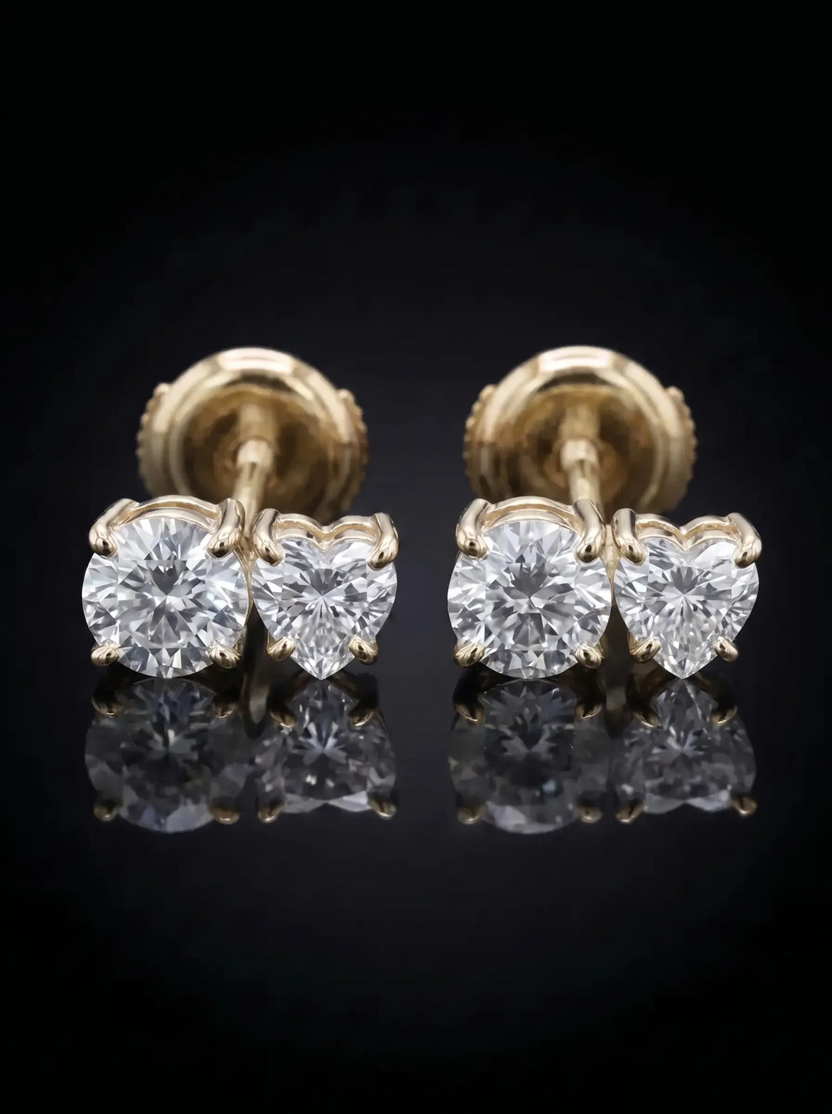 Diamond Studs - Two Diamonds - Round & Heart, Yellow Gold