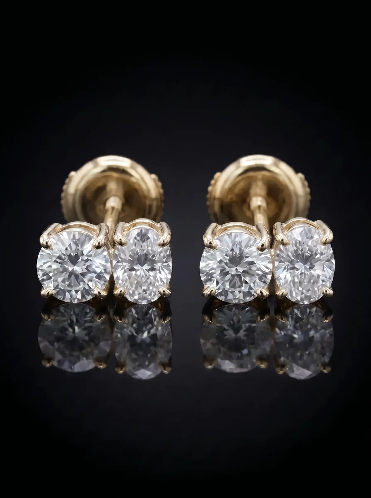 Diamond Studs - Two Diamonds - Round & Oval, Yellow Gold