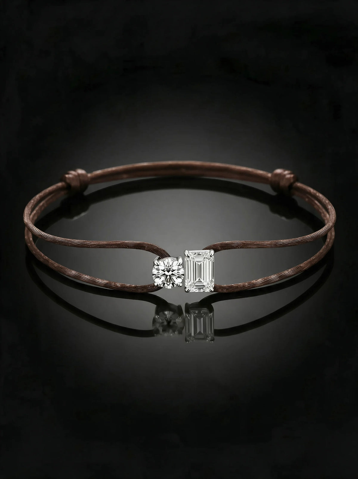 Diamond Satin Bracelet - Two Diamonds - Round & Emerald, Brown