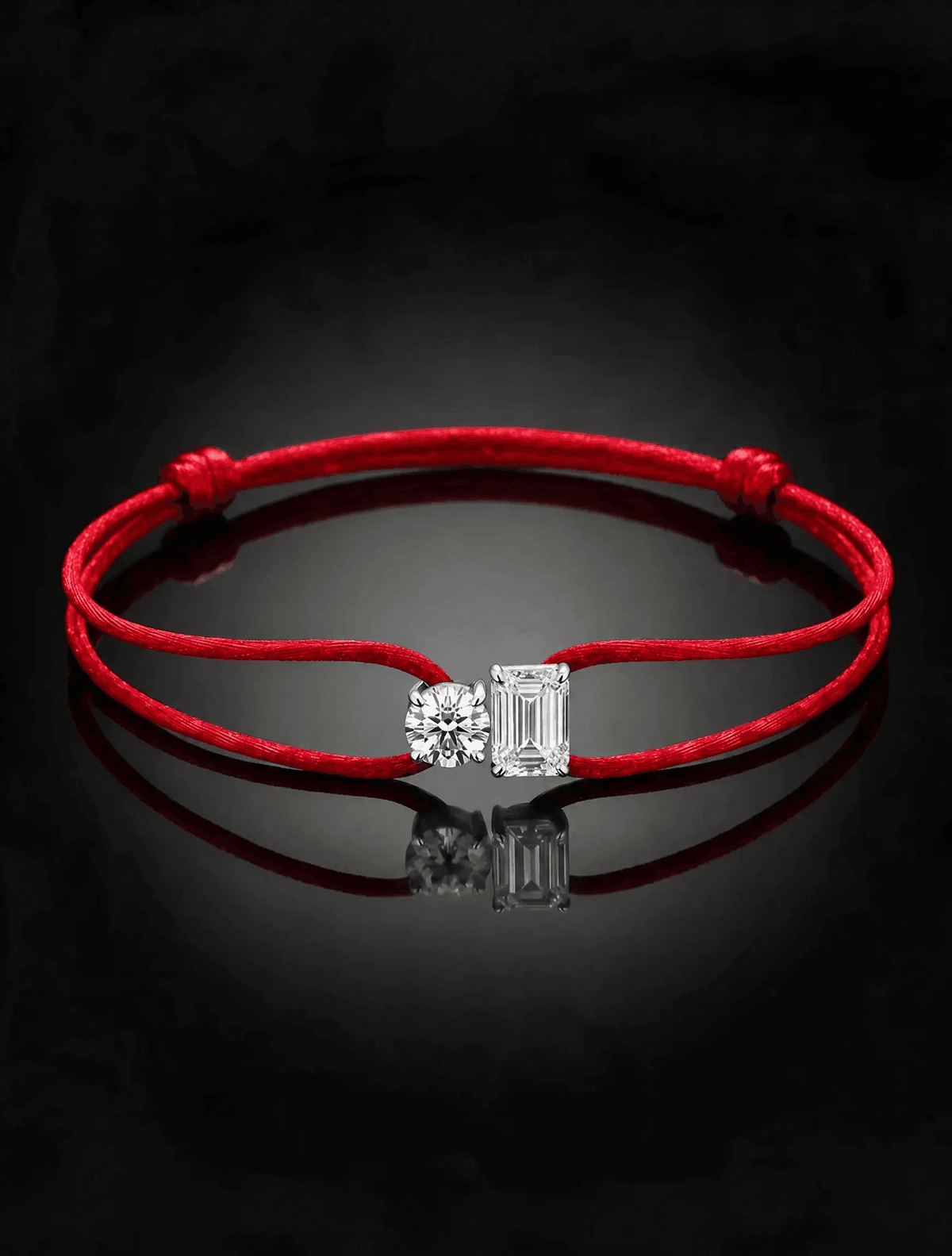 Diamond Satin Bracelet - Two Diamonds - Round & Emerald, Red