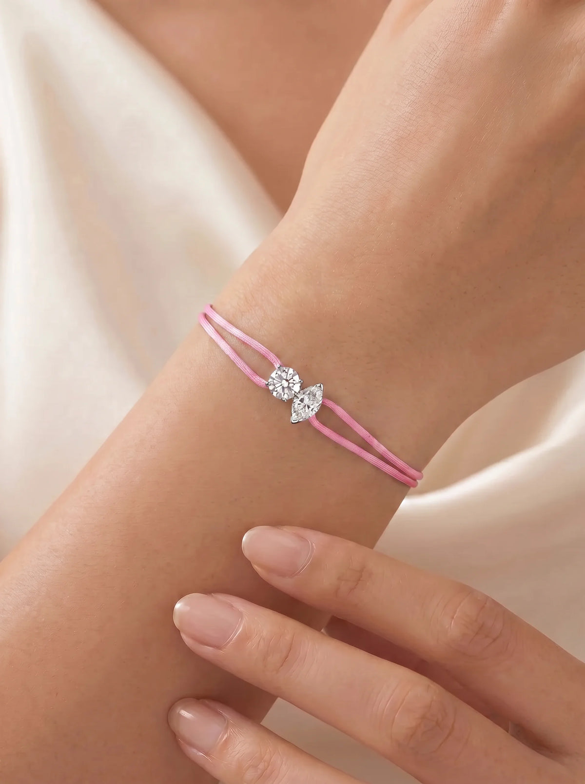 Diamond Satin Bracelet - Two Diamonds - Round & Marquise, Pink