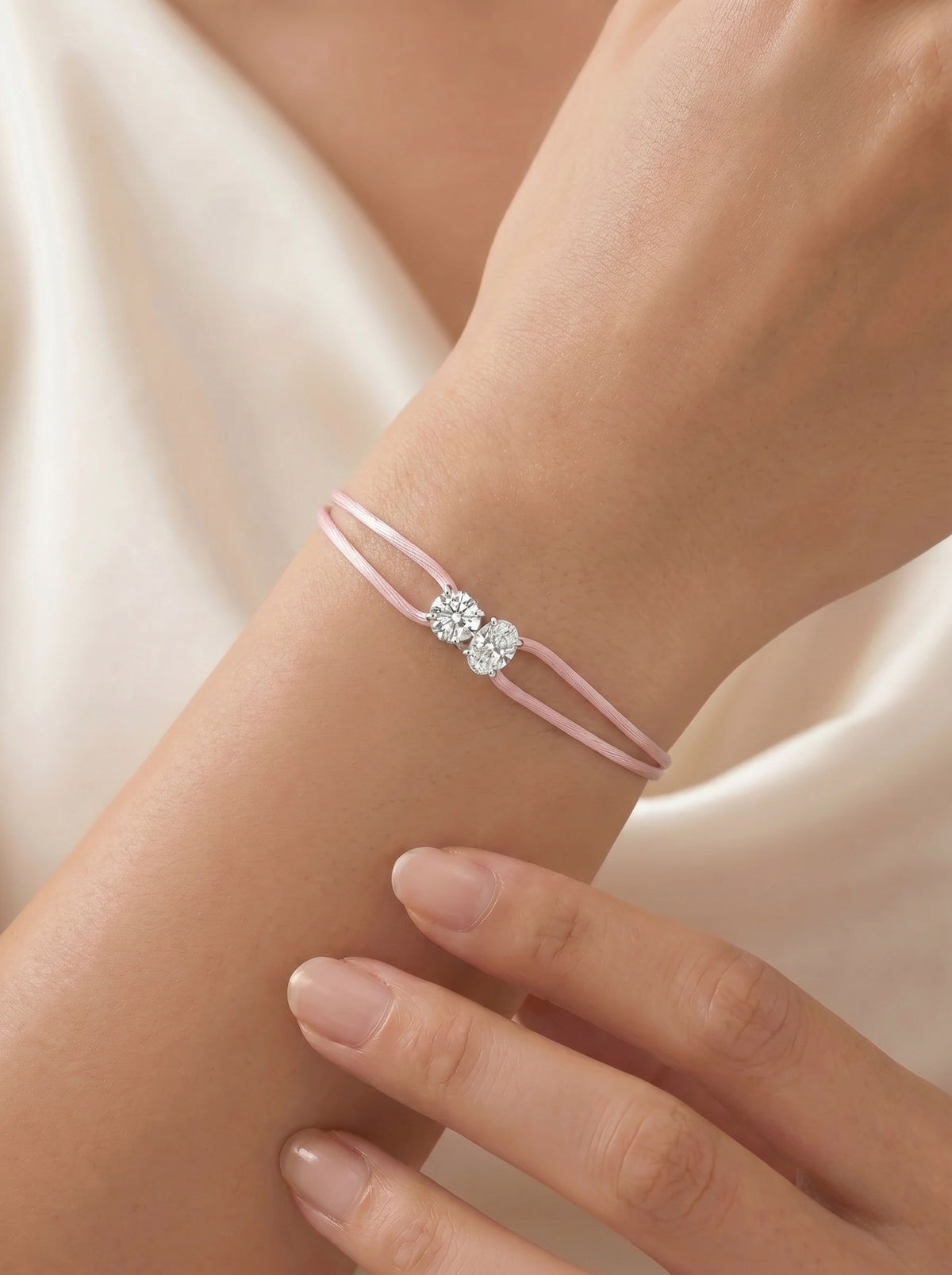 Diamond Satin Bracelet - Two Diamonds - Round & Oval, Pink