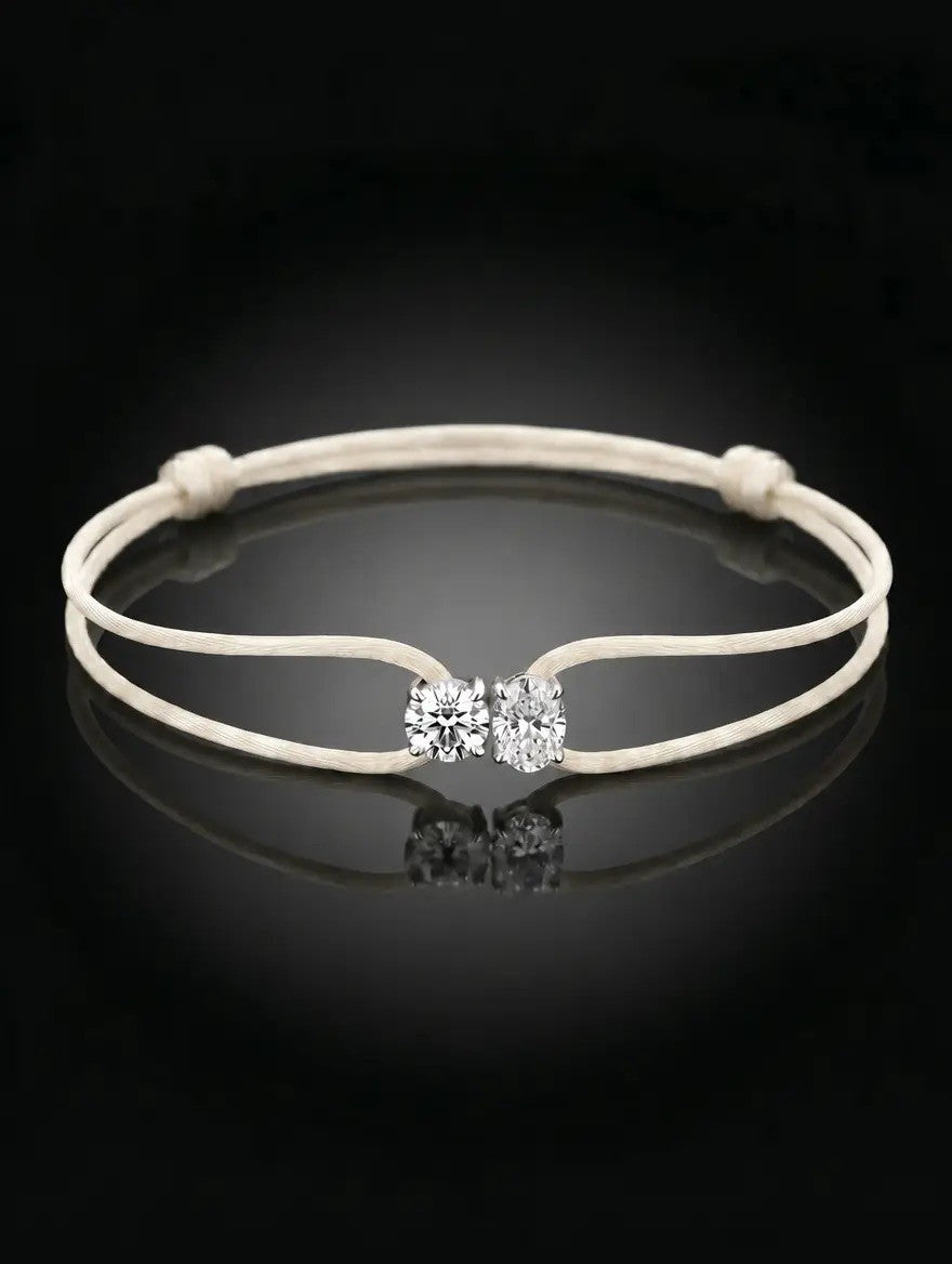 Diamond Satin Bracelet - Two Diamonds - Round & Oval, Ivory