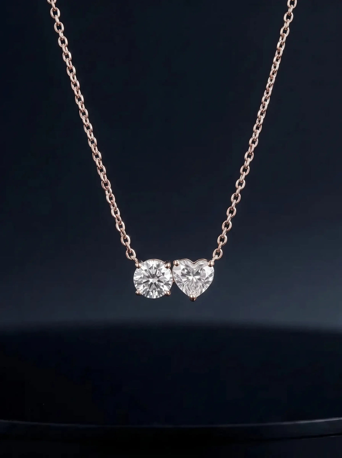 Diamond Necklace - Two Diamonds - Round & Heart, Rose Gold