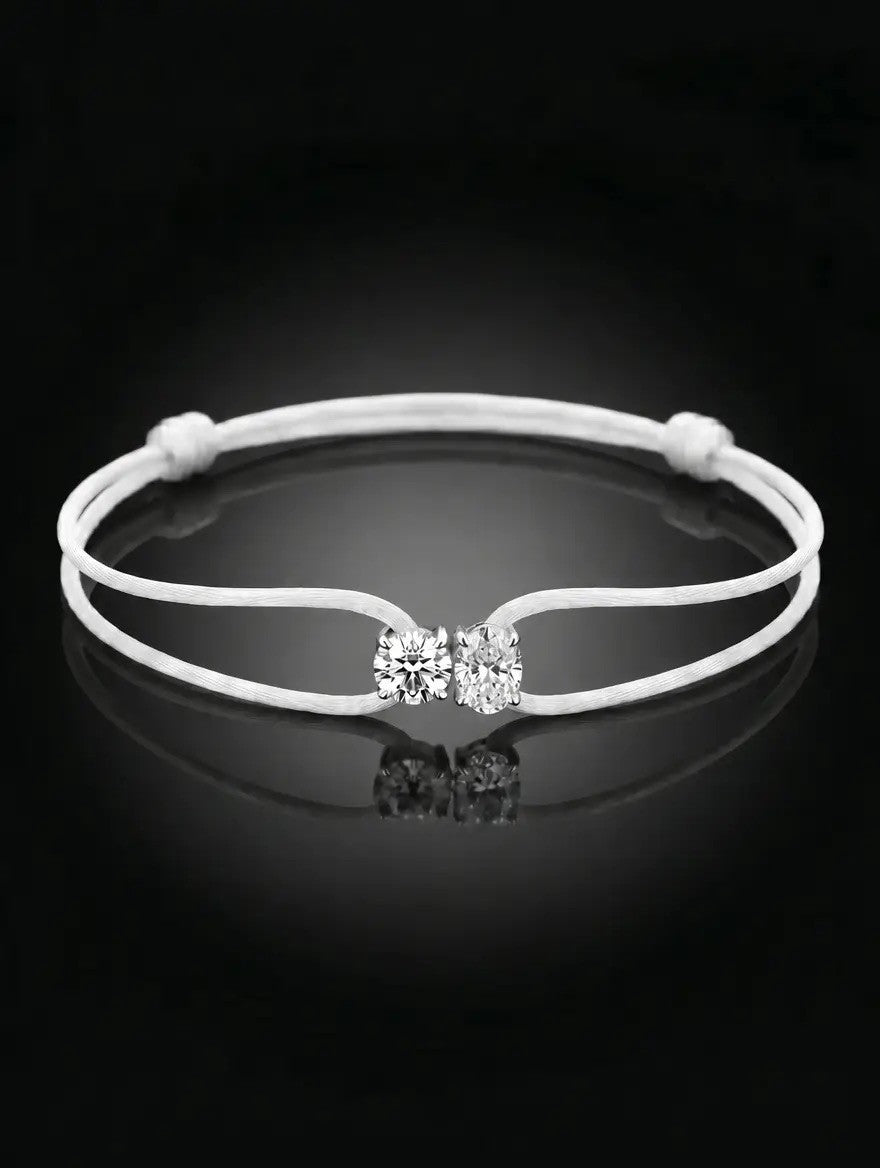 Diamond Satin Bracelet - Two Diamonds - Round & Oval, White
