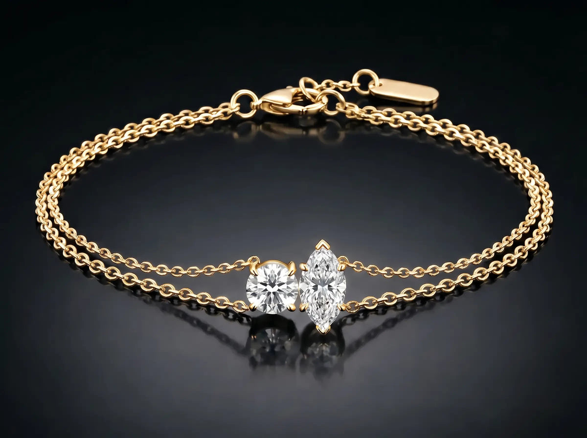 Diamond Bracelet - Two Diamonds - Round & Marquise, Yellow Gold