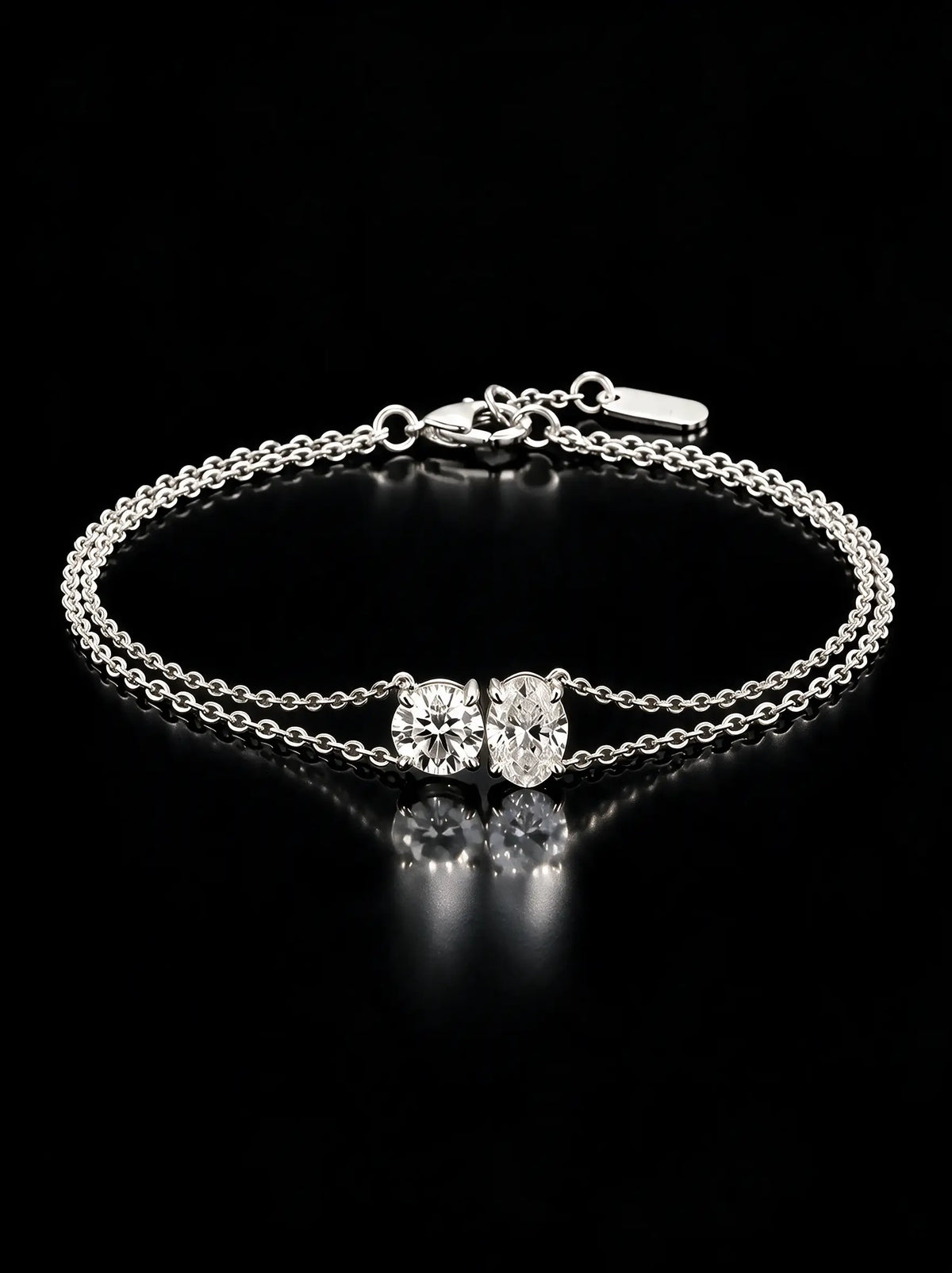 Diamond Bracelet - Two Diamonds - Round & Oval, White Gold