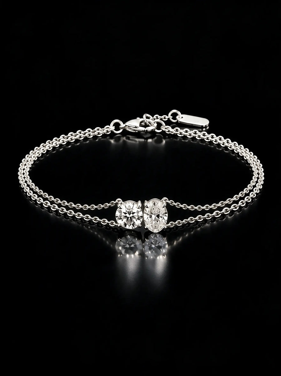 Diamond Bracelet - Two Diamonds - Round & Oval, White Gold