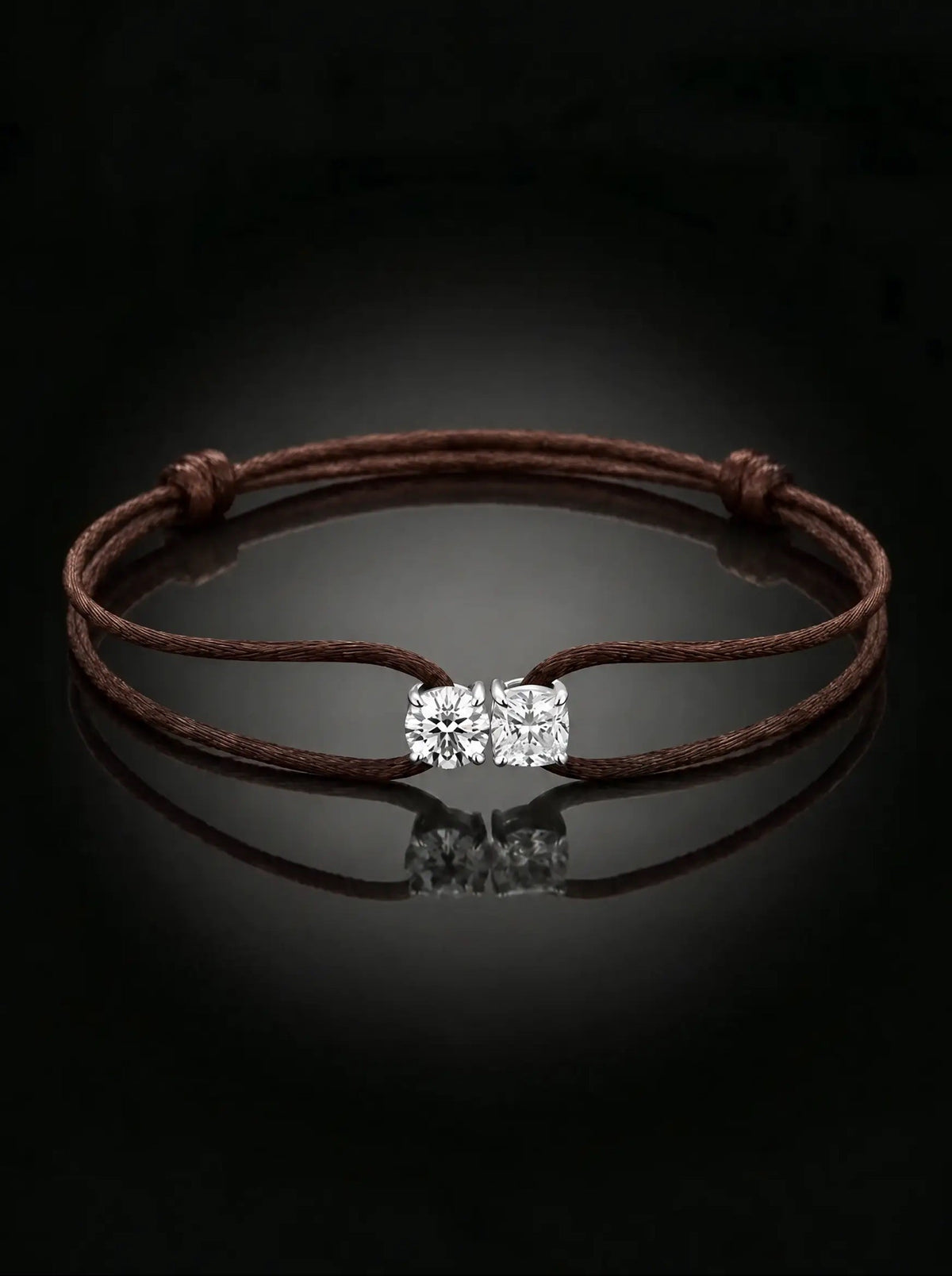 Diamond Satin Bracelet - Two Diamonds - Round & Cushion, Brown