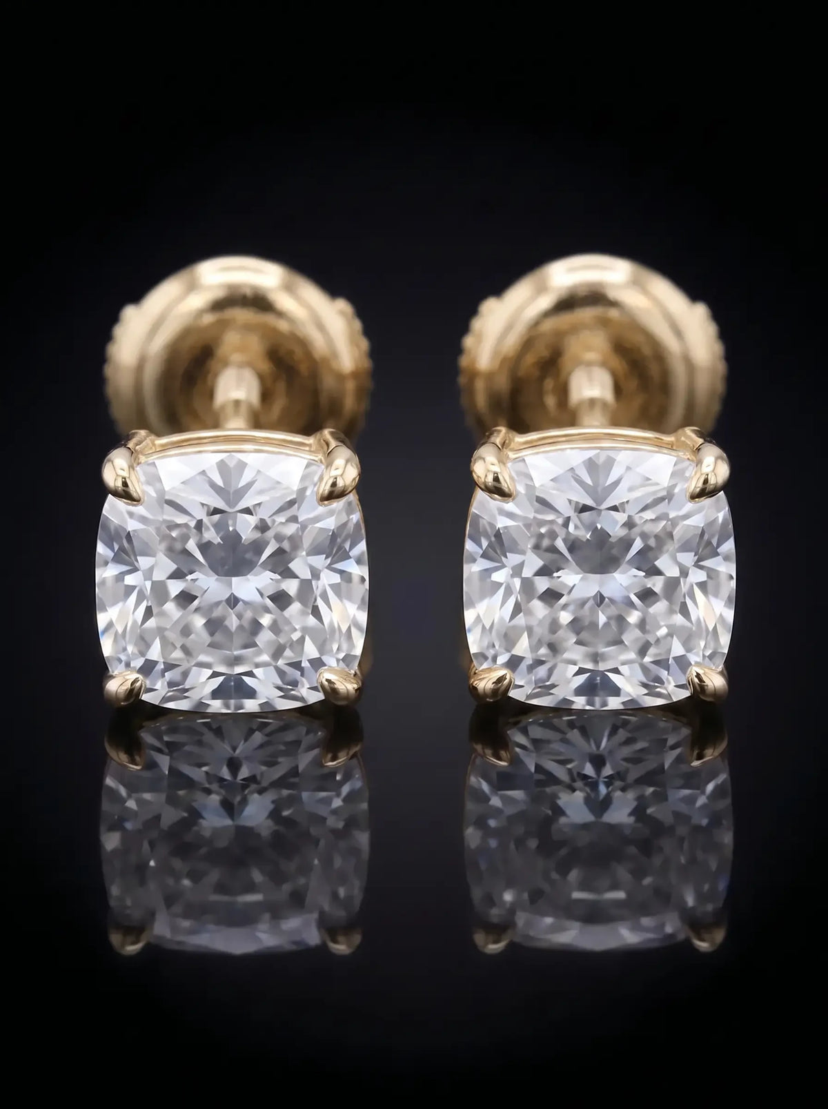 Diamond Studs - Cushion - One Carat, Yellow Gold