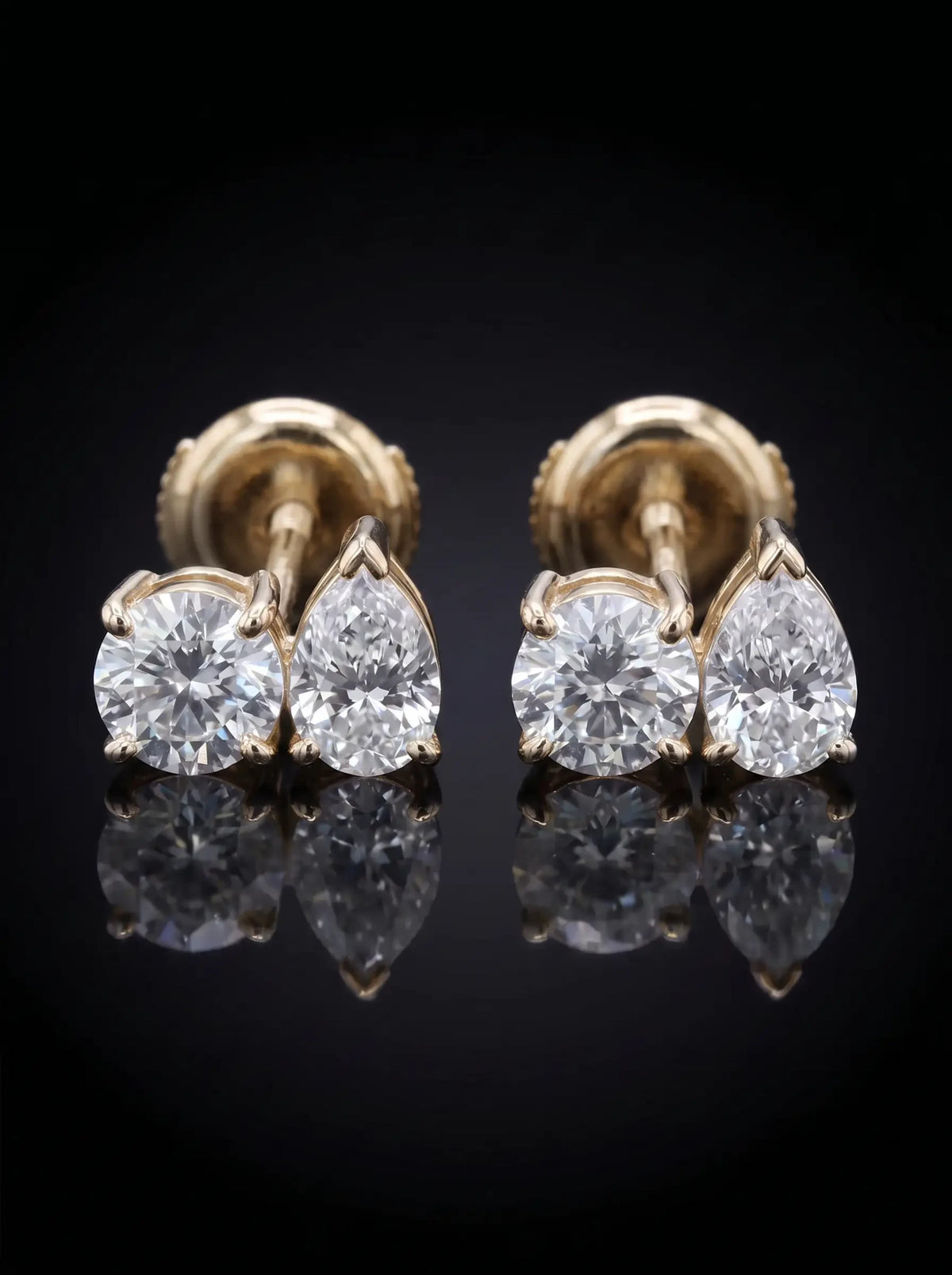 Diamond Studs - Two Diamonds - Round & Pear, Yellow Gold