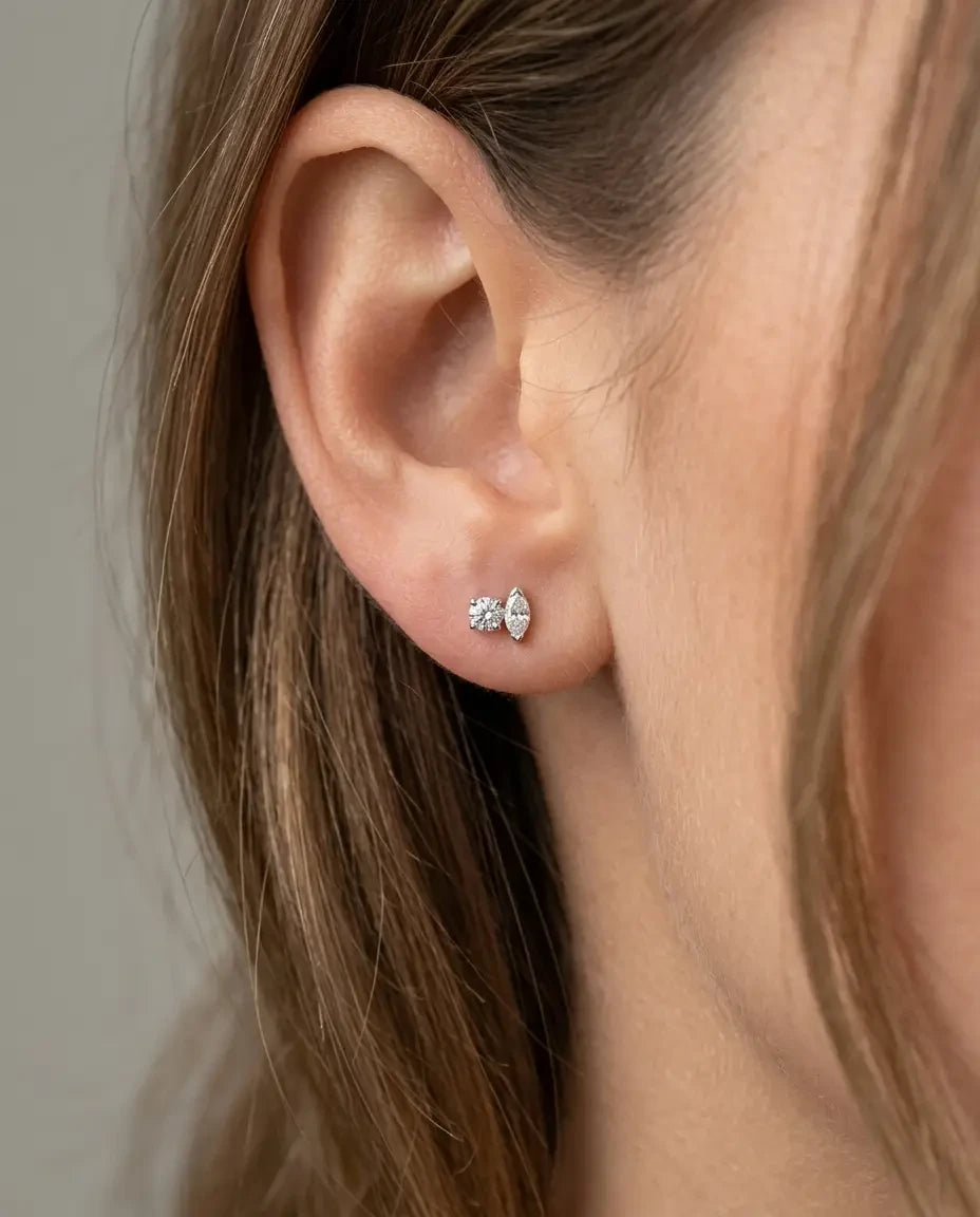 Diamond Studs - Two Diamonds - Round & Marquise - 4