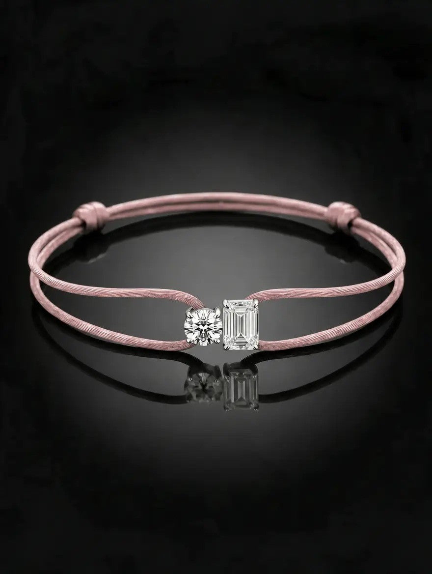 Diamond Satin Bracelet - Two Diamonds - Round & Emerald, Pink