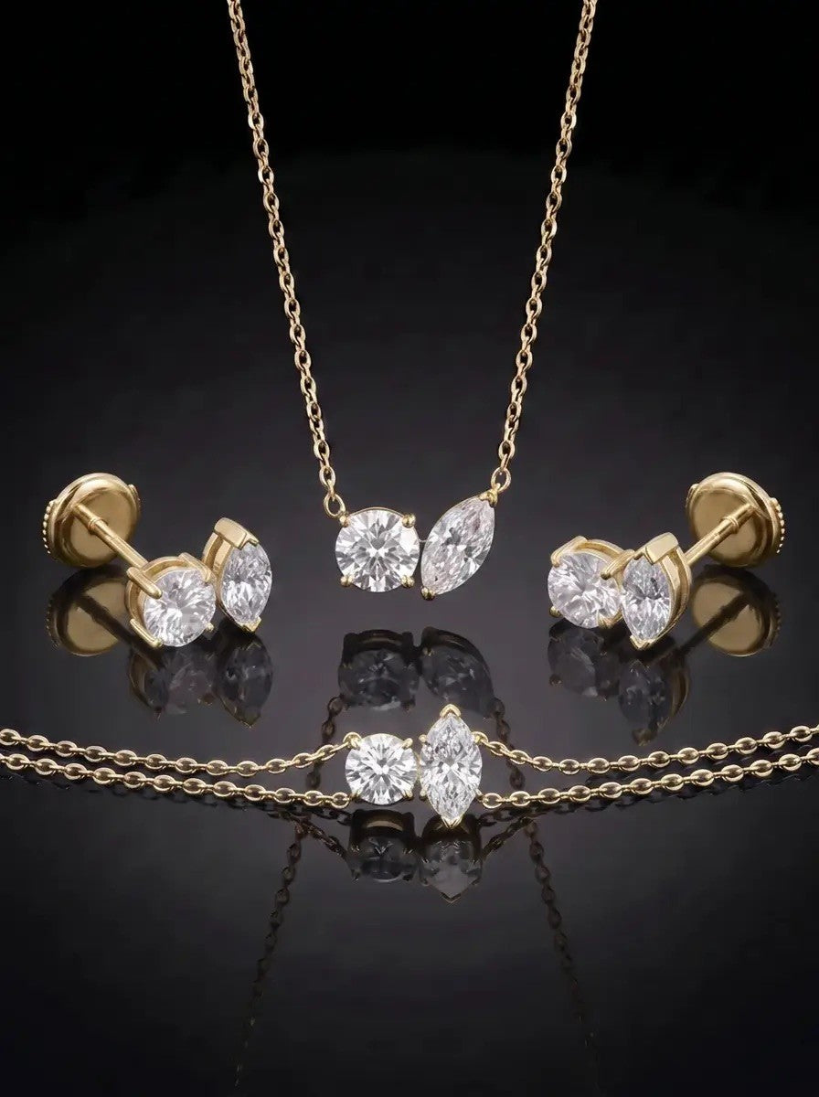 Diamond Set - Two Diamonds - Round & Marquise, Yellow Gold