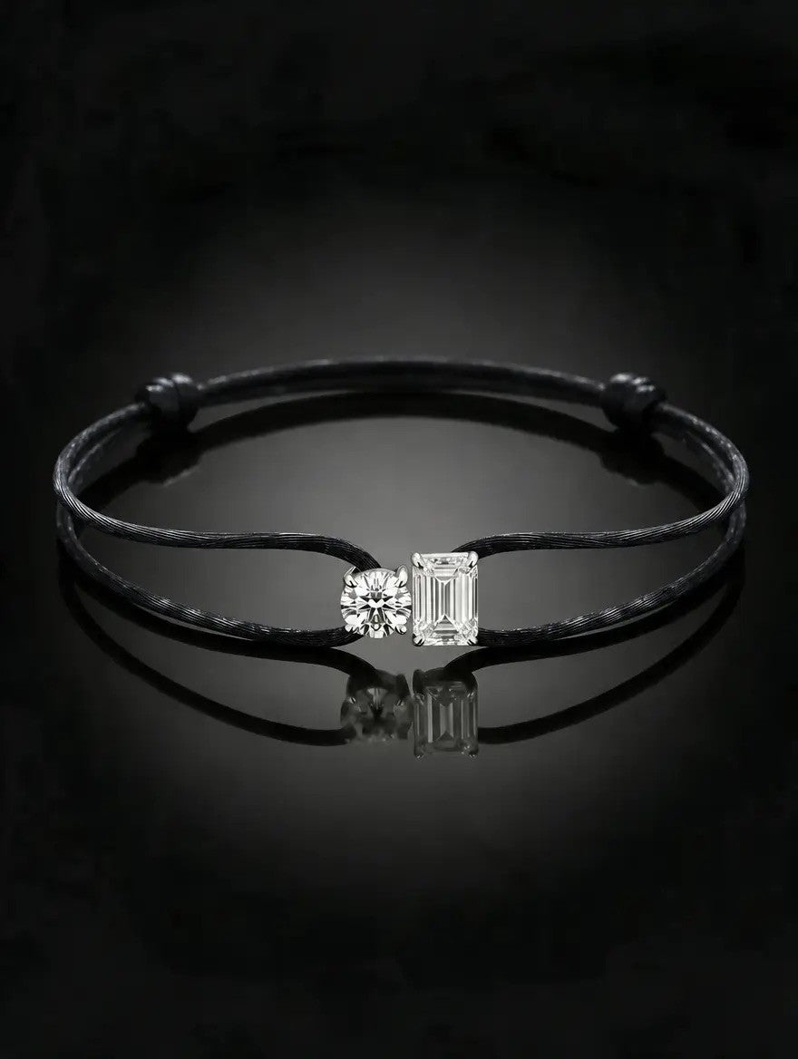 Diamond Satin Bracelet - Two Diamonds - Round & Emerald, Black