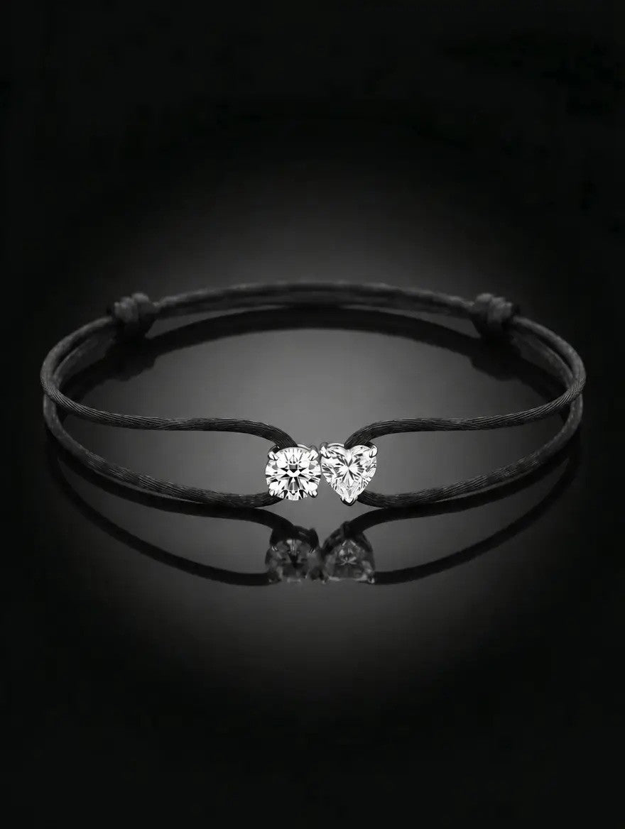 Diamond Satin Bracelet - Two Diamonds - Round & Heart, Black