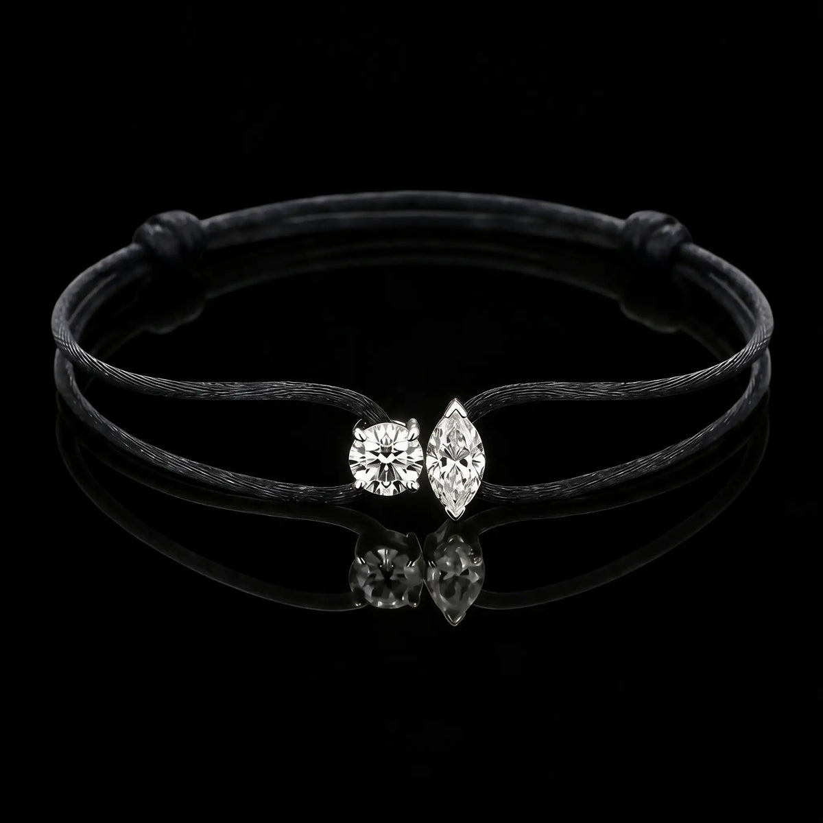 Diamond Satin Bracelet - Two Diamonds - Round & Marquise