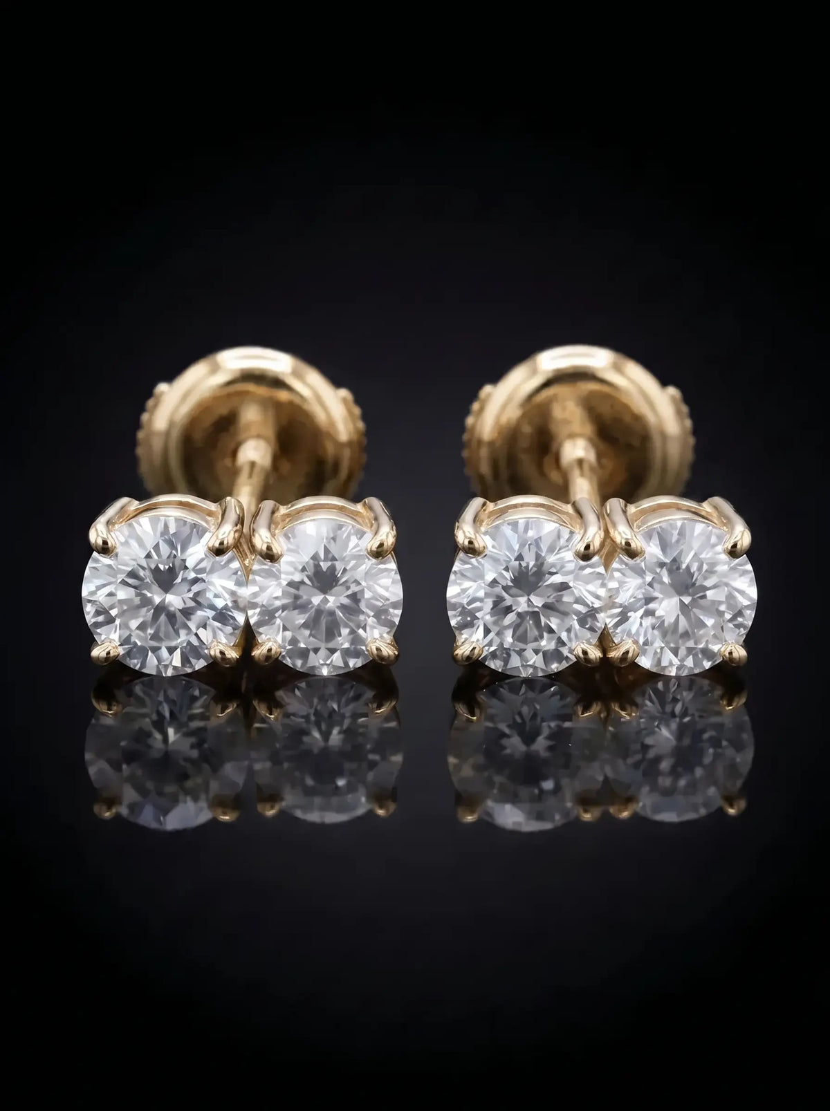 Diamond Studs - Two Diamonds - Round & Round, Yellow Gold