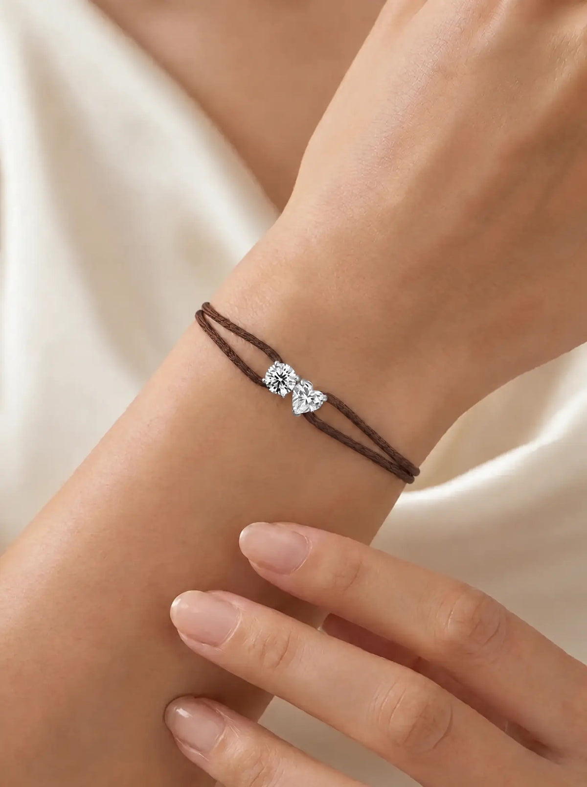 Diamond Satin Bracelet - Two Diamonds - Round & Heart, Brown