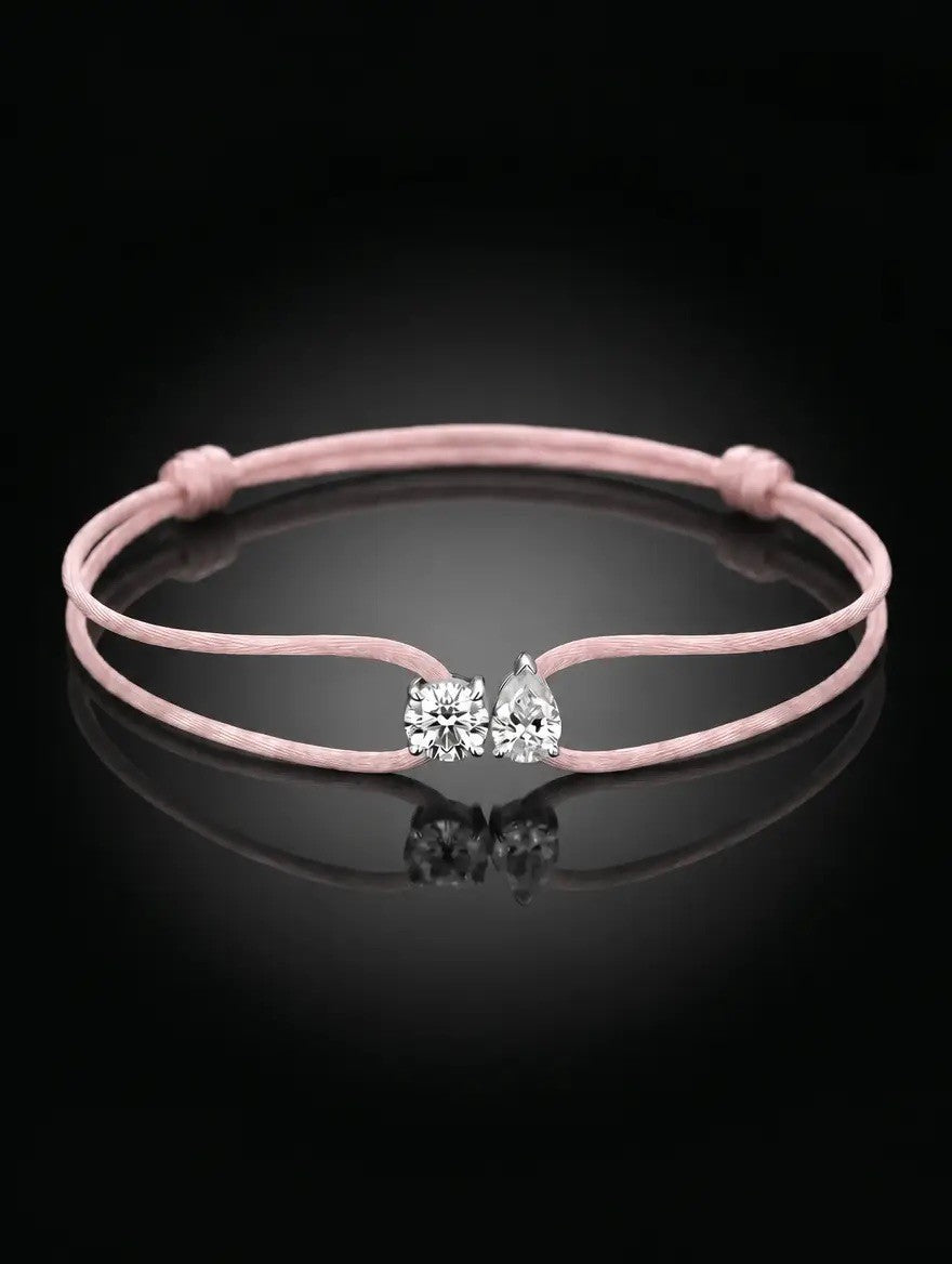 Diamond Satin Bracelet - Two Diamonds - Round & Pear, Pink