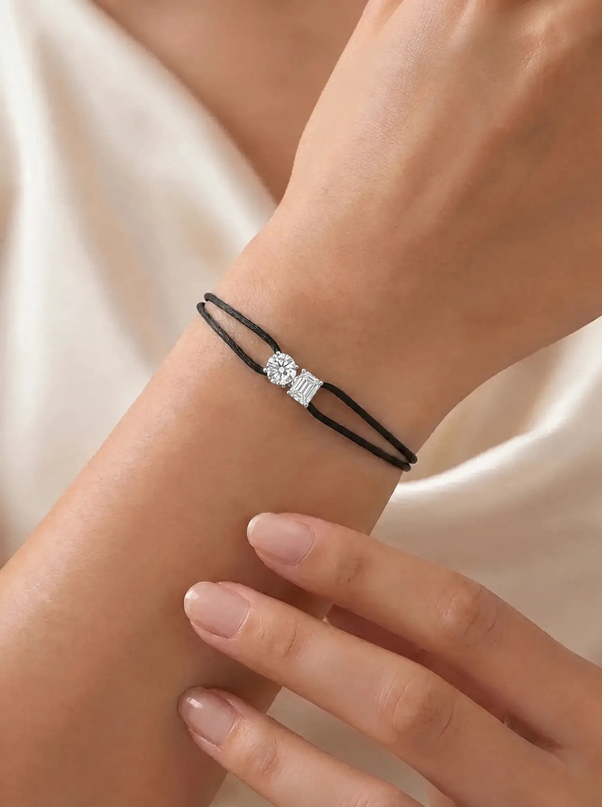 Diamond Satin Bracelet - Two Diamonds - Round & Emerald, Black