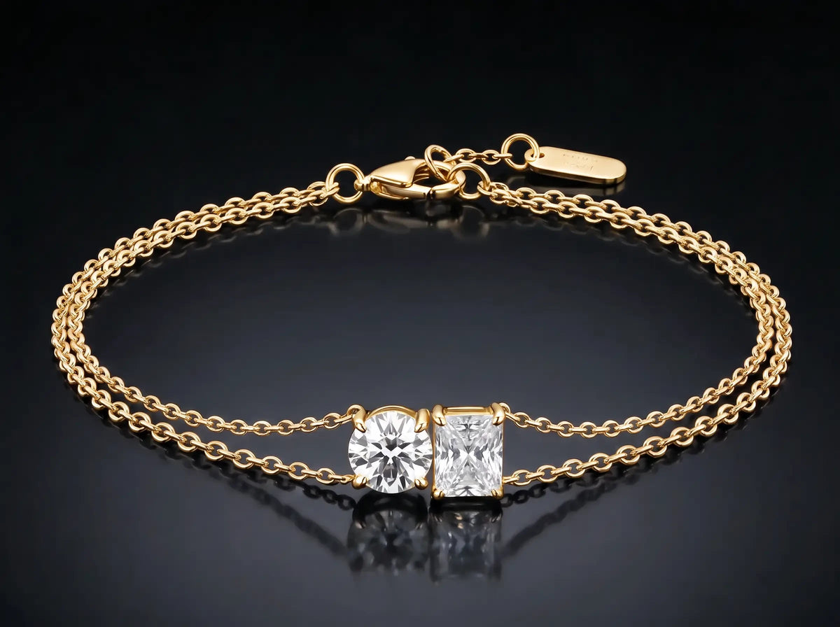 Diamond Bracelet - Two Diamonds - Round & Radiant, Yellow Gold