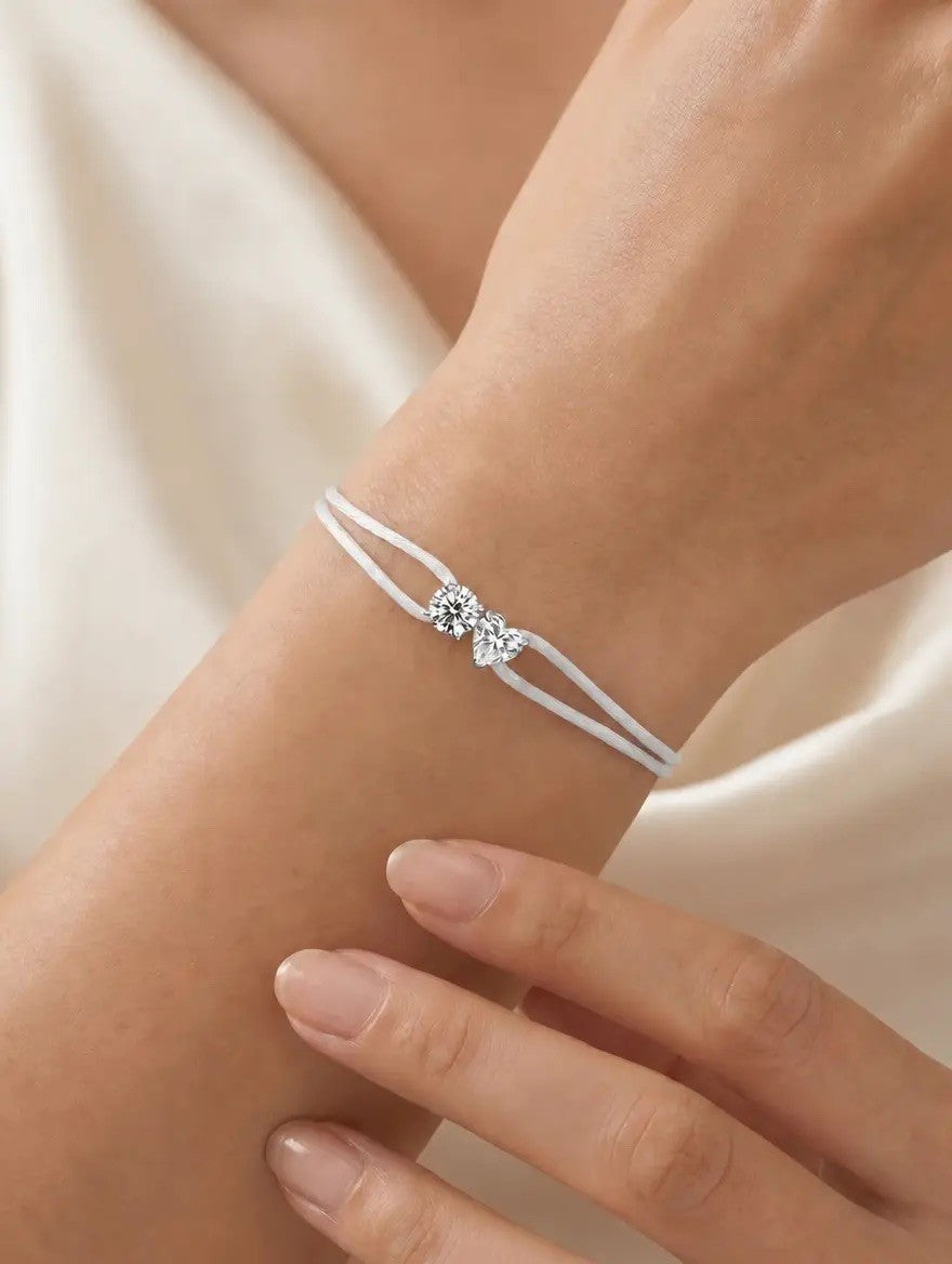 Diamond Satin Bracelet - Two Diamonds - Round & Heart, White