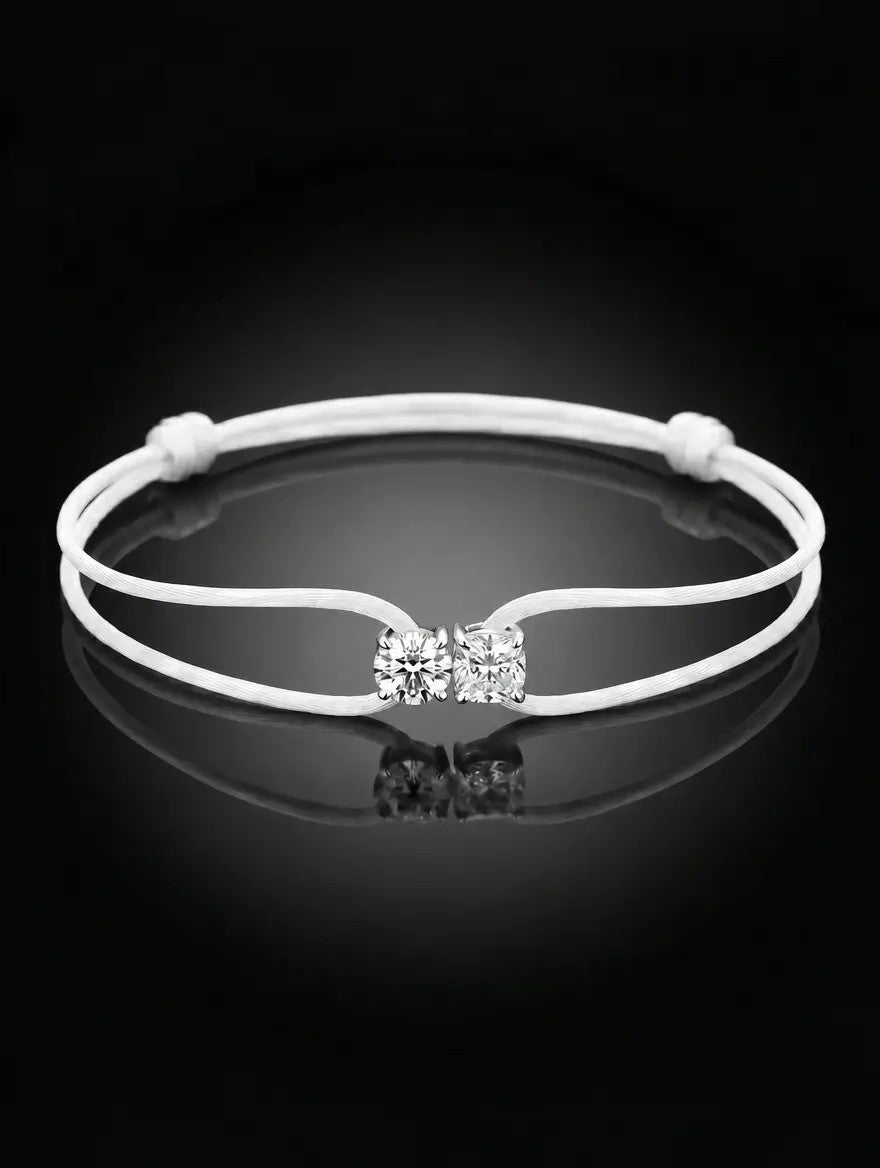 Diamond Satin Bracelet - Two Diamonds - Round & Cushion, White
