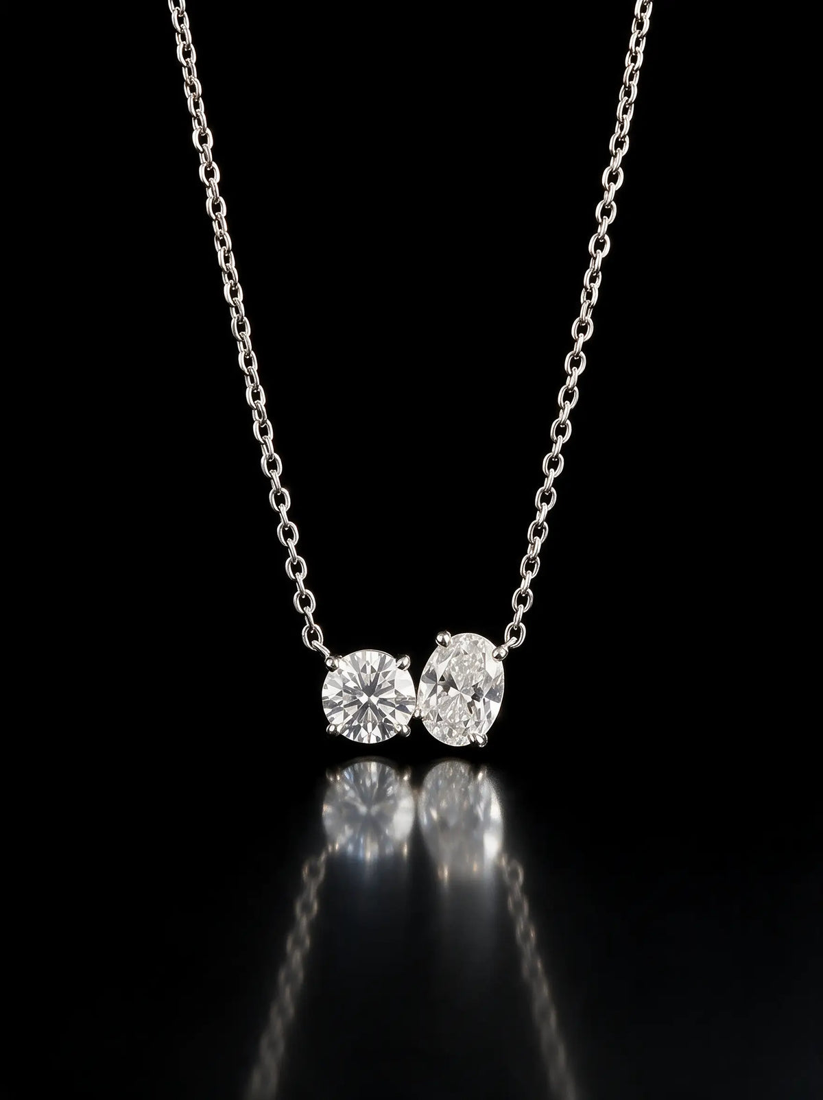 Diamond Necklace - Two Diamonds - Round & Oval, White Gold