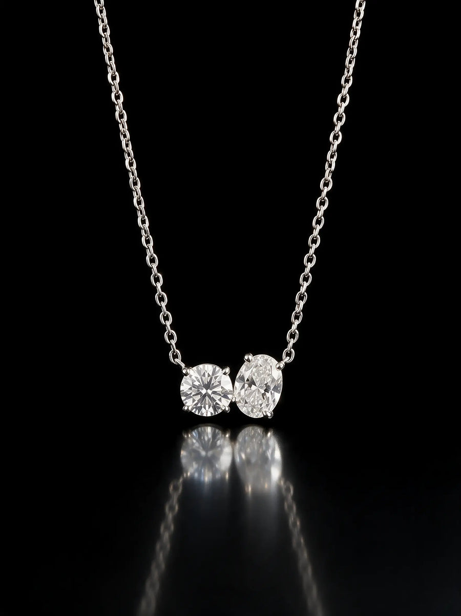 Diamond Necklace - Two Diamonds - Round & Oval, White Gold
