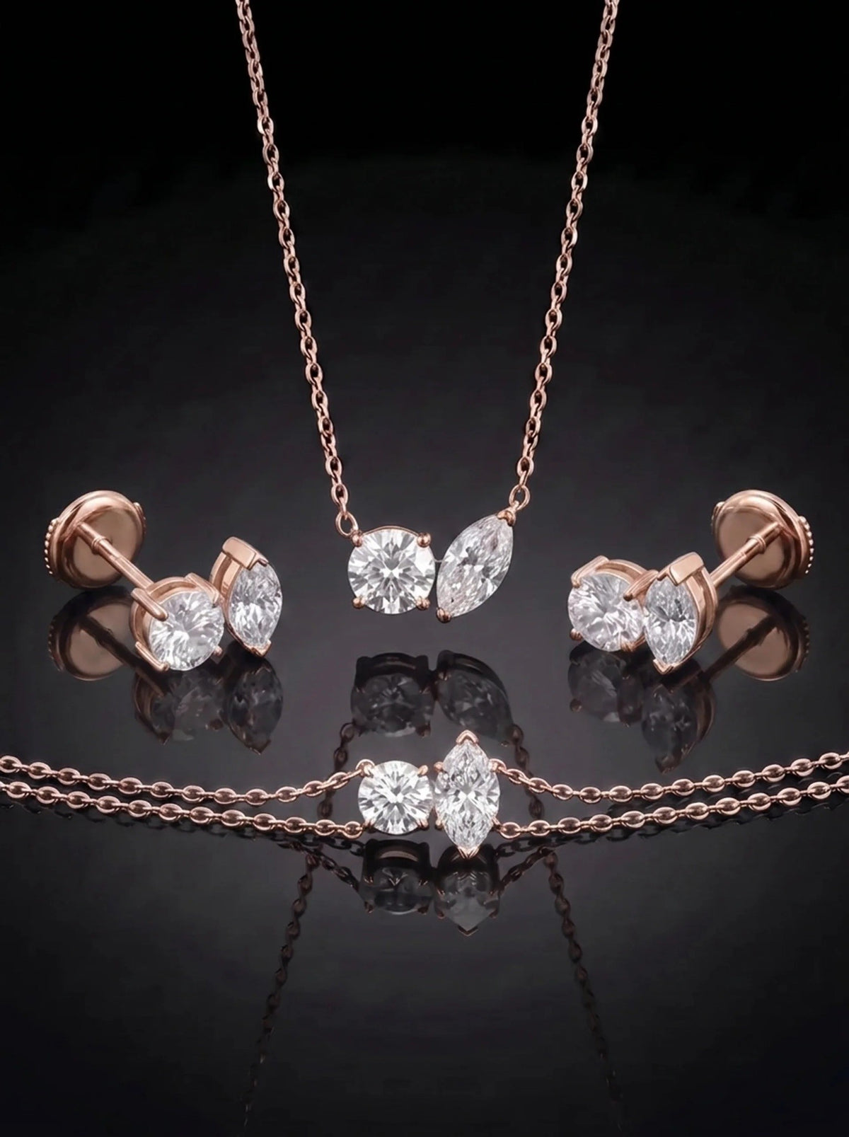 Diamond Set - Two Diamonds - Round & Marquise, Rose Gold