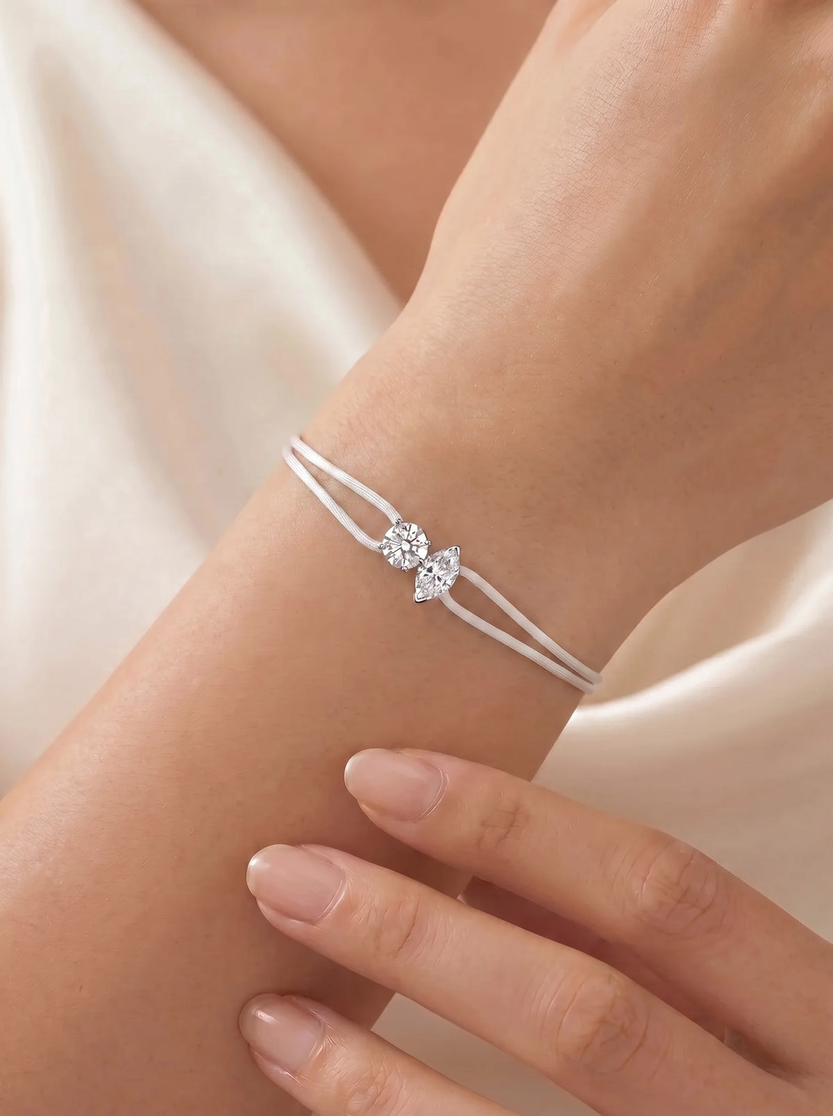 Diamond Satin Bracelet - Two Diamonds - Round & Marquise, White