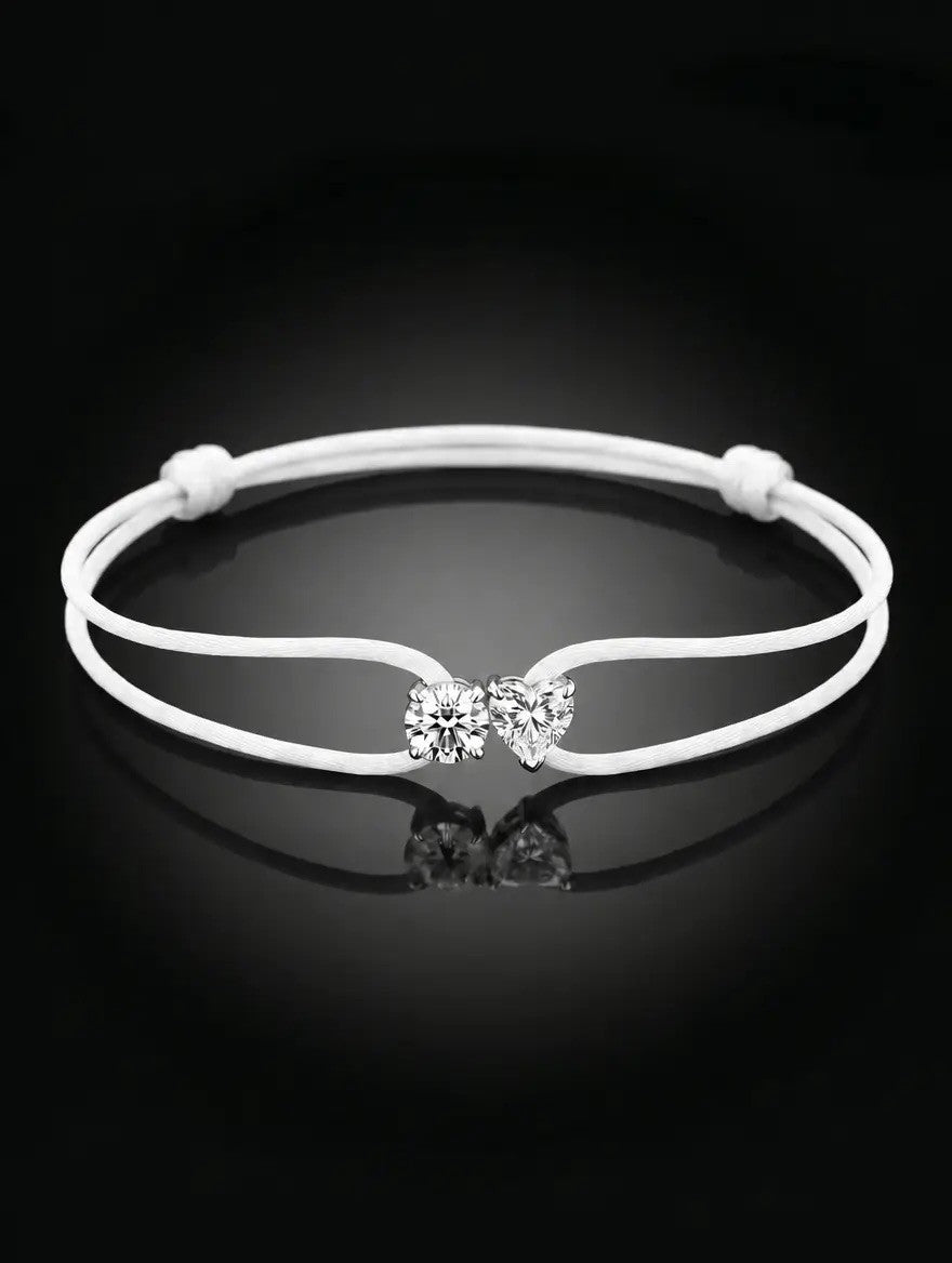 Diamond Satin Bracelet - Two Diamonds - Round & Heart, White