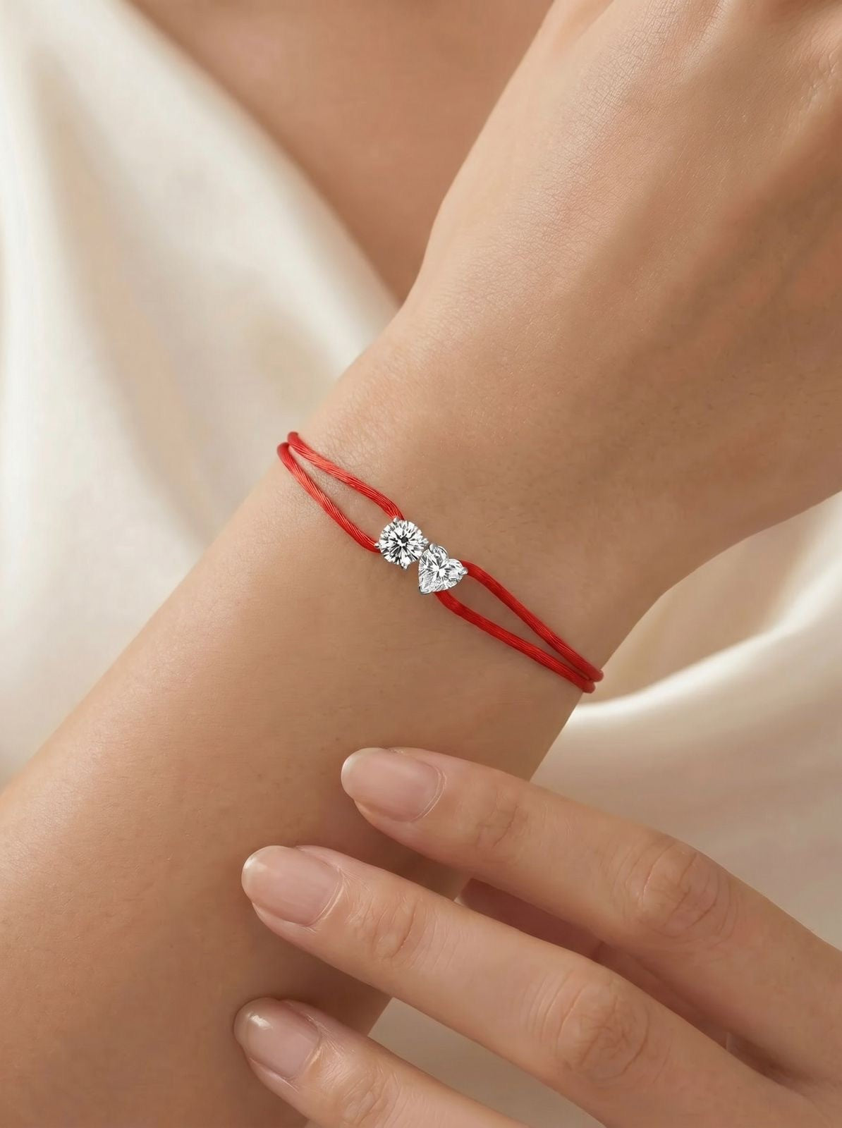Diamond Satin Bracelet - Two Diamonds - Round & Heart, Red