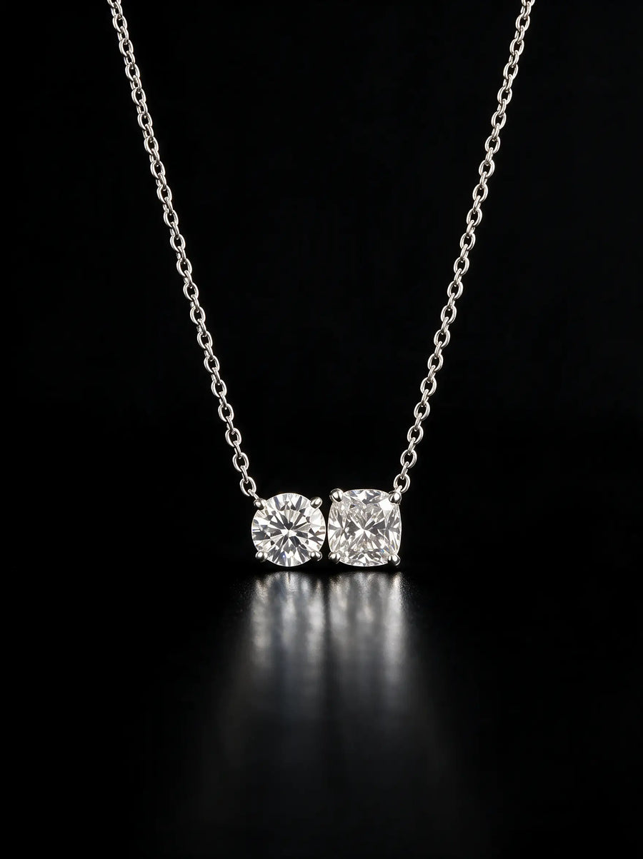 Diamond Necklace - Two Diamonds - Round & Cushion