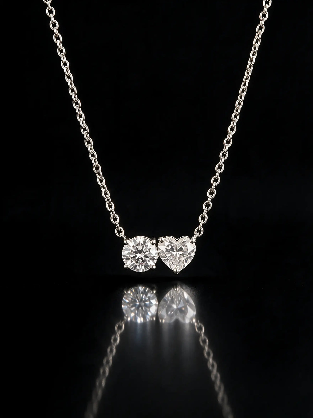 Diamond Necklace - Two Diamonds - Round & Heart, White Gold
