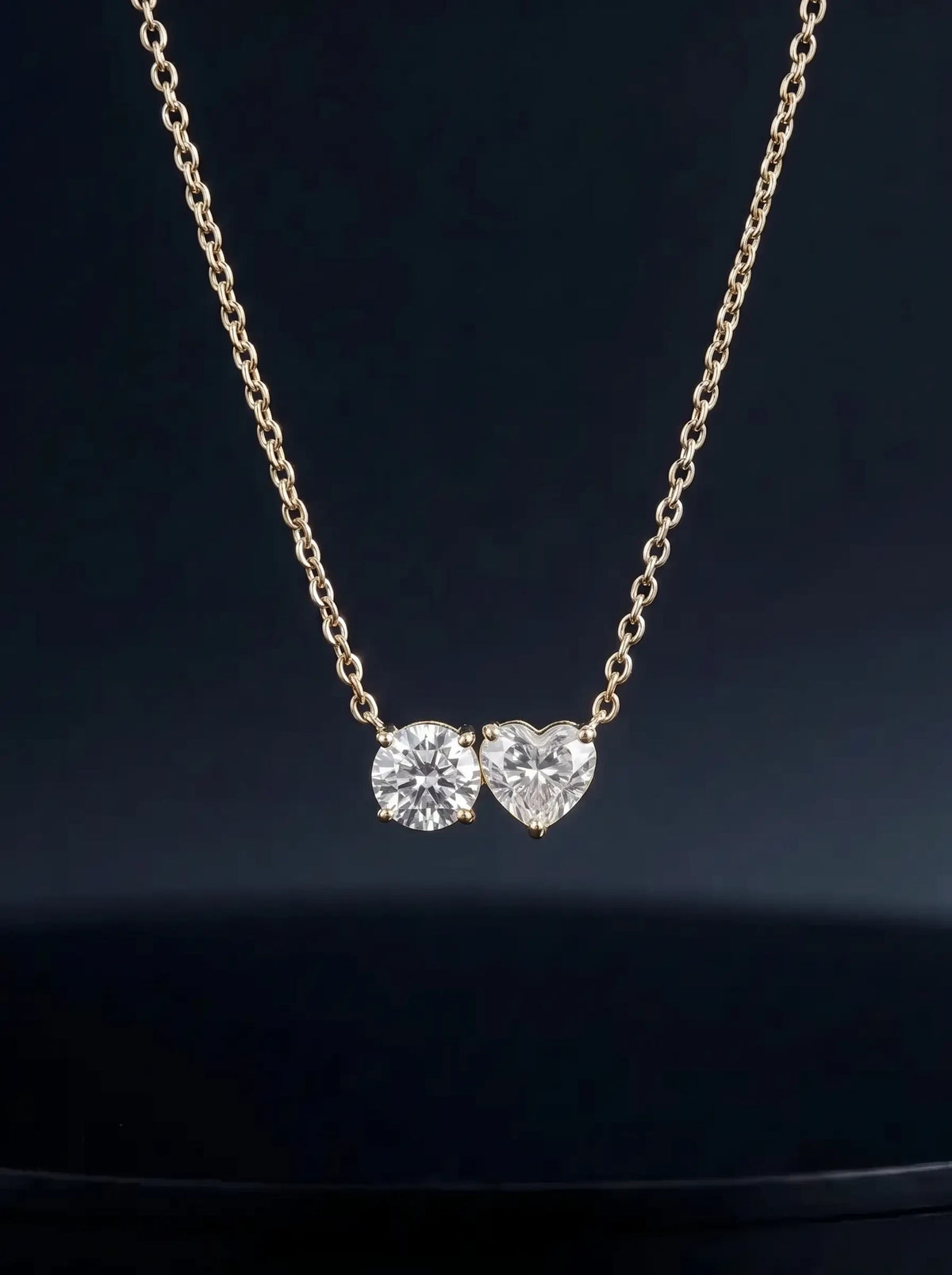 Diamond Necklace - Two Diamonds - Round & Heart, Yellow Gold